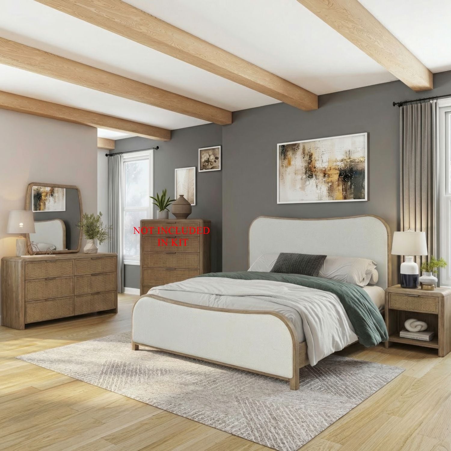 Queen Uph Bed, Dresser & Mirror, Night Stand