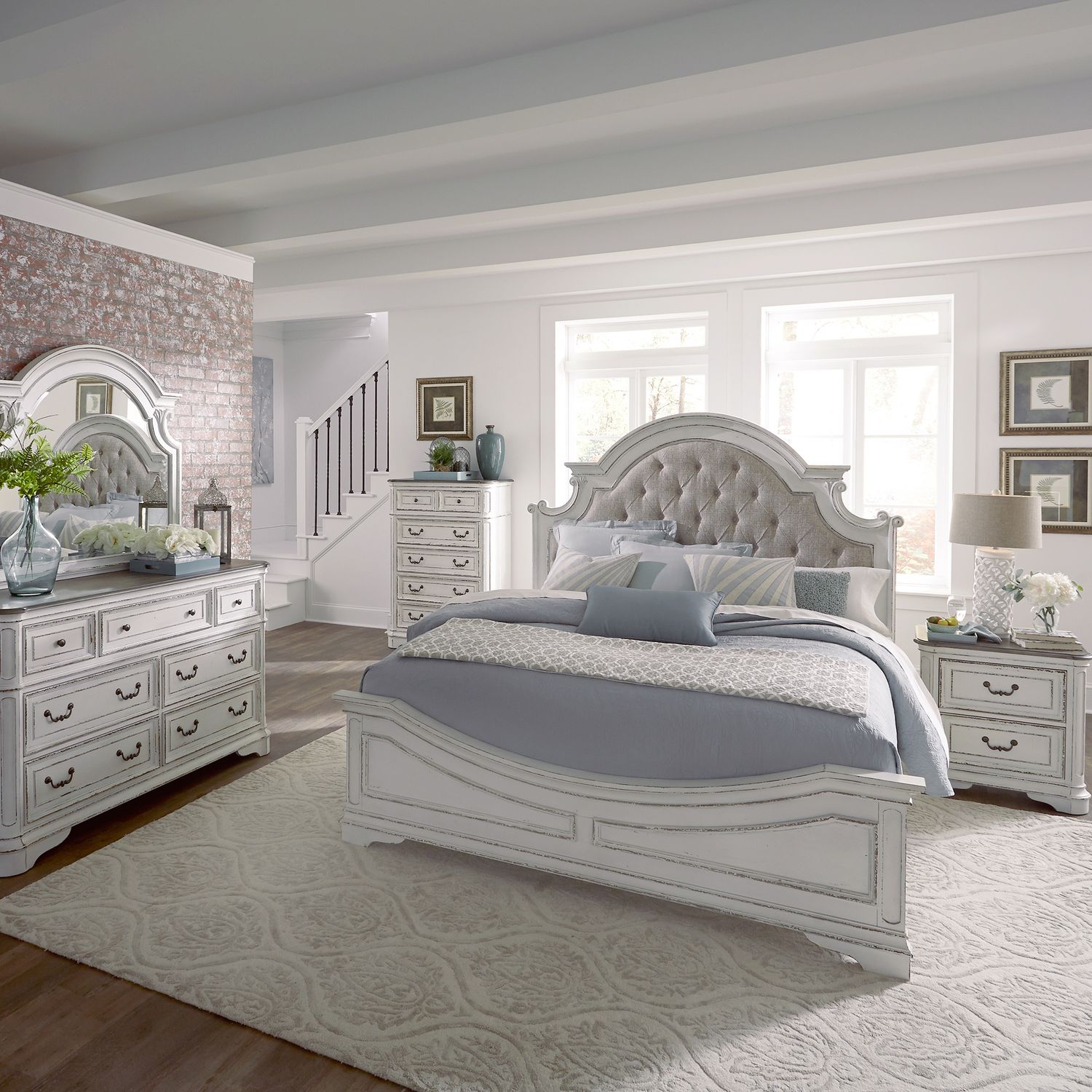 King California Upholstered Bed, Dresser & Mirror, Chest, Night Stand