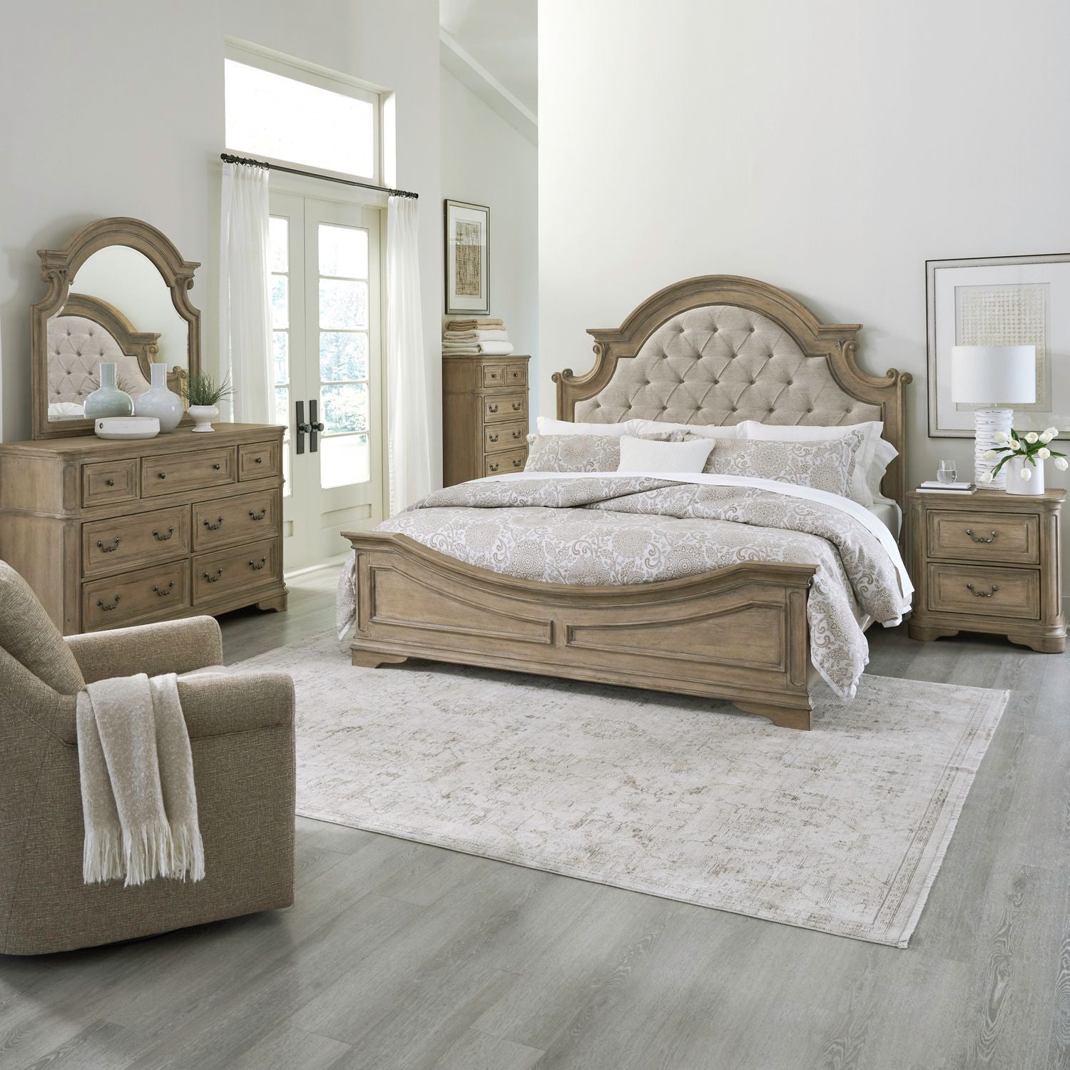 Queen Uph Bed, Dresser & Mirror, Chest, Night Stand