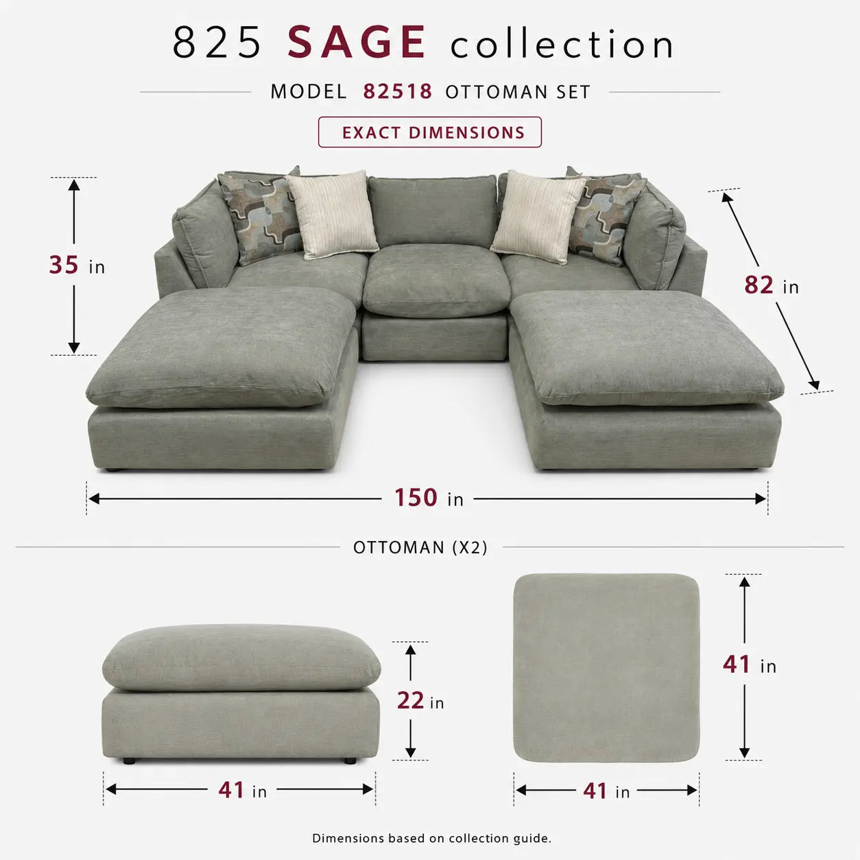 Willow 3-Piece Modular Sofa with Two Ottomans - Sage