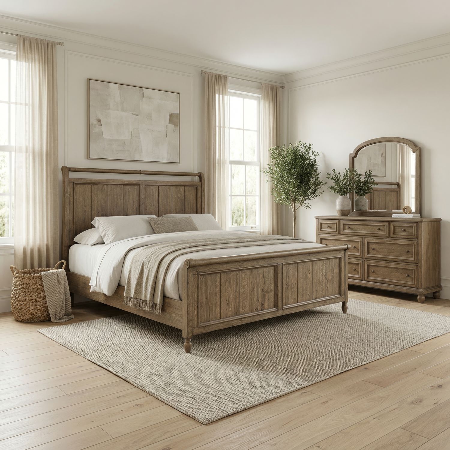 Queen Sleigh Bed, Dresser & Mirror