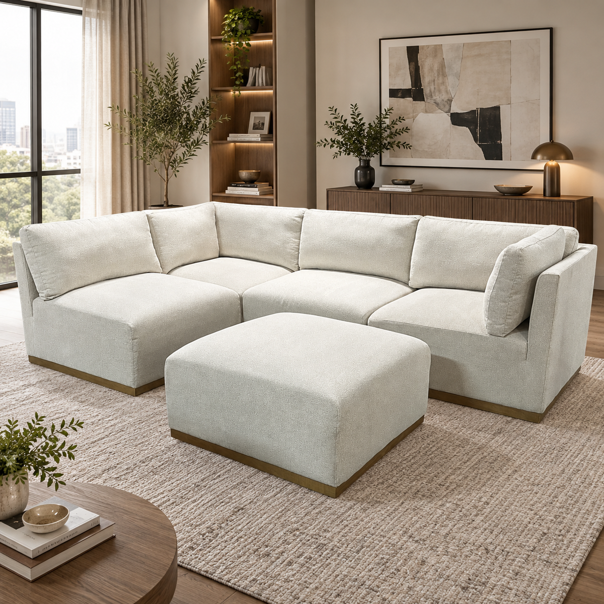 5 Piece Modular Sectional with Wooden Base in Cream