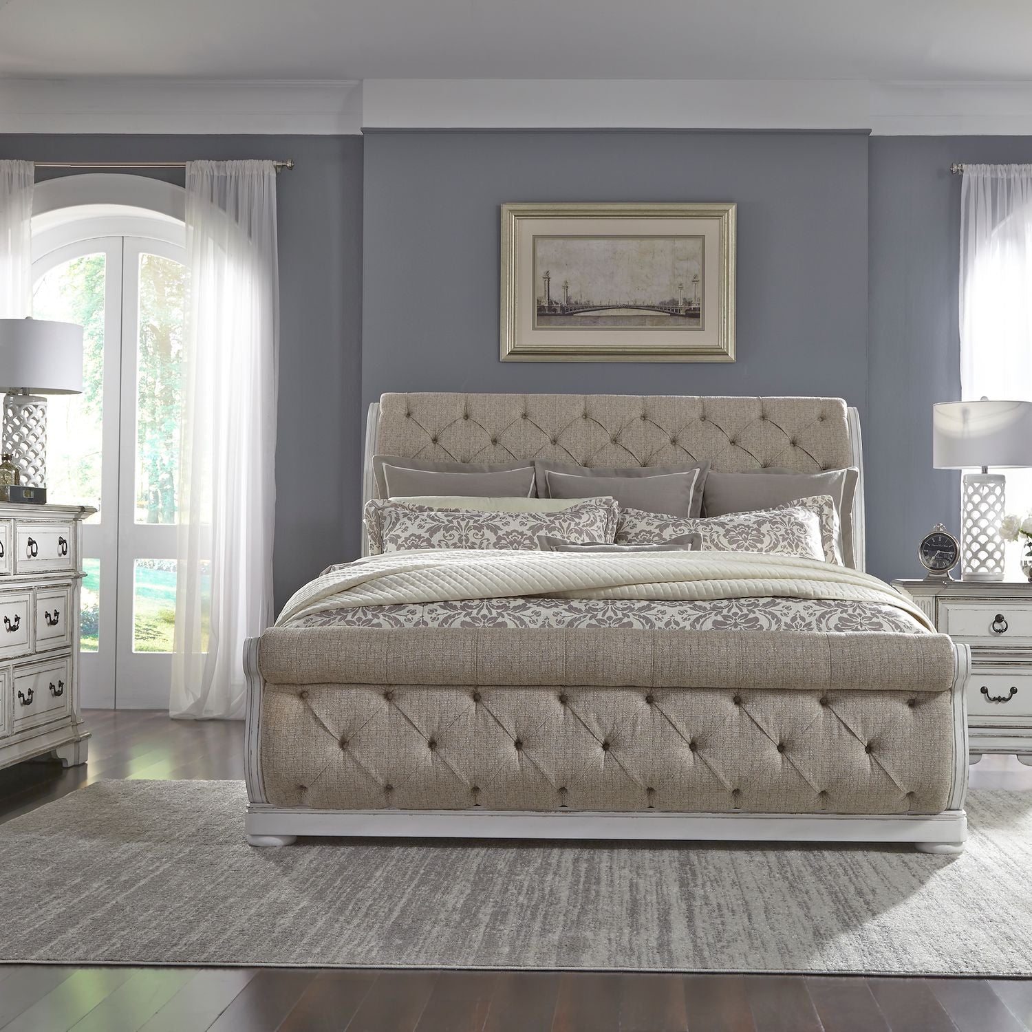 King Uph Sleigh Bed, Dresser & Mirror, Night Stand