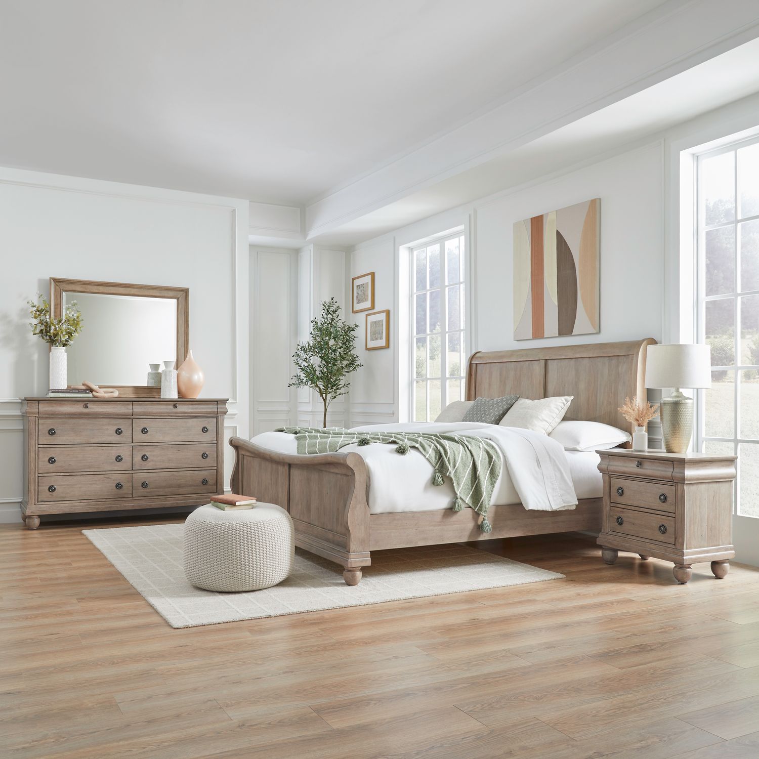Queen Sleigh Bed, Dresser & Mirror, Night Stand