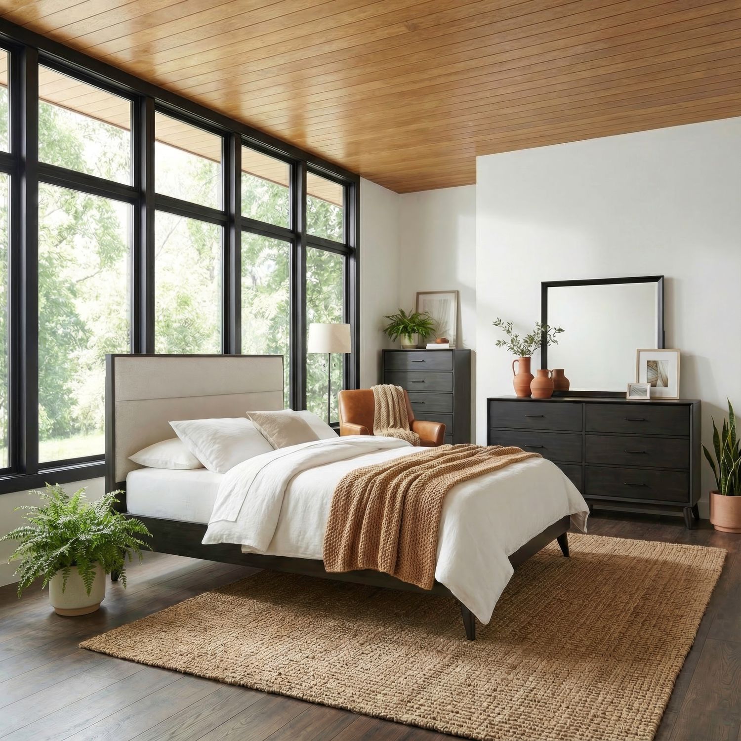 Queen Uph Platform Bed, Dresser & Mirror, Chest