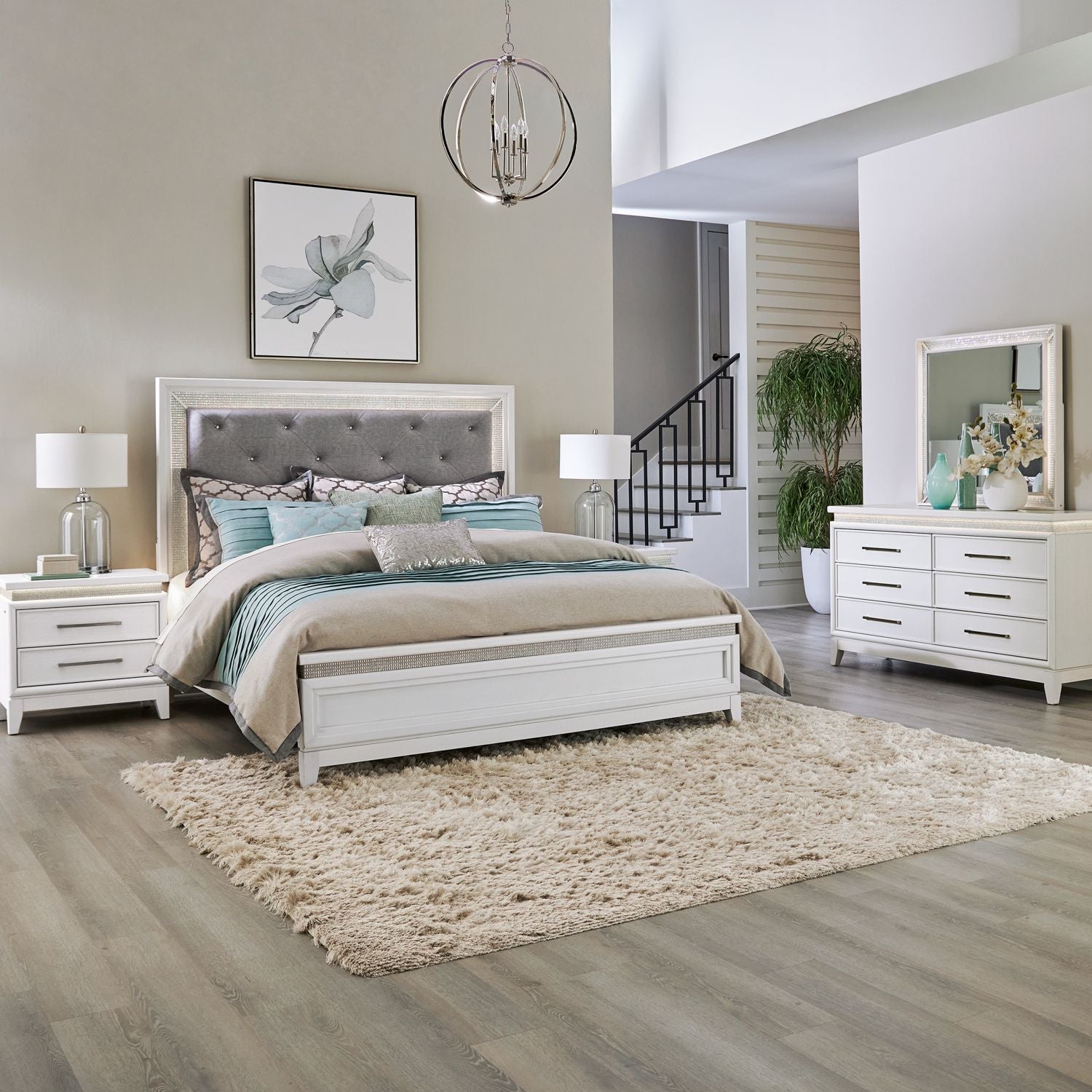 King Uph Bed, Dresser & Mirror, Night Stand
