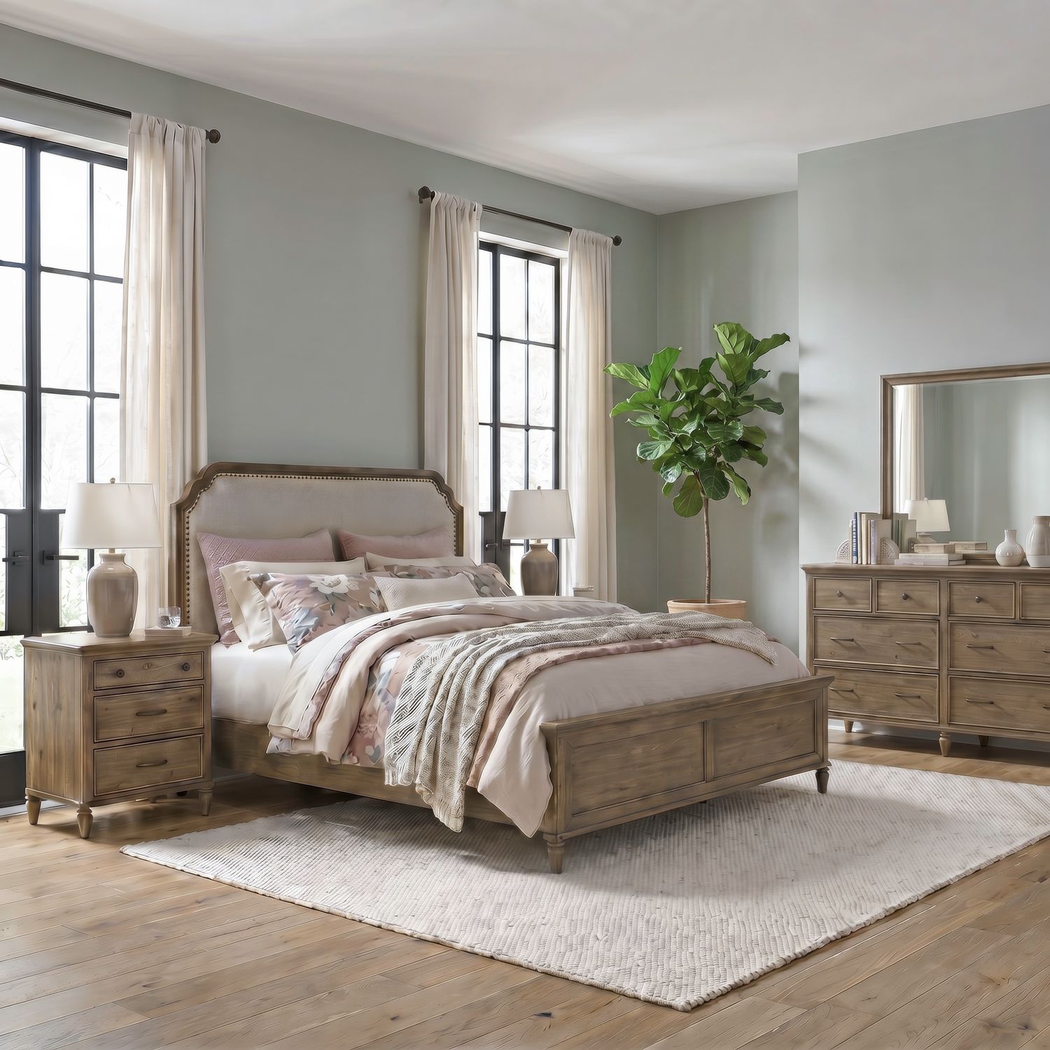 Queen Uph Bed, Dresser & Mirror, Night Stand