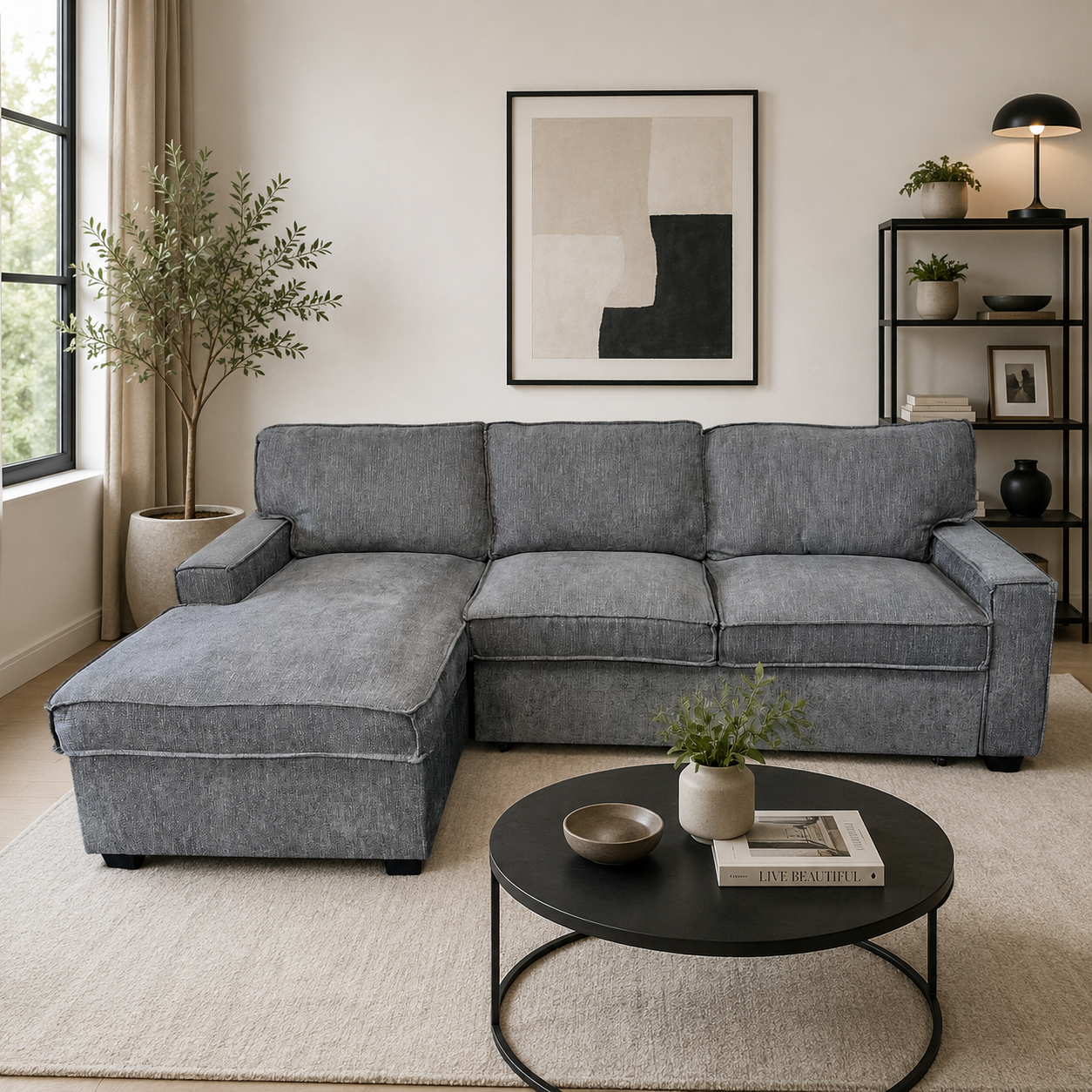 Sectional Sofa with Storage Chaise and Pop-Out Sleeper in Gray