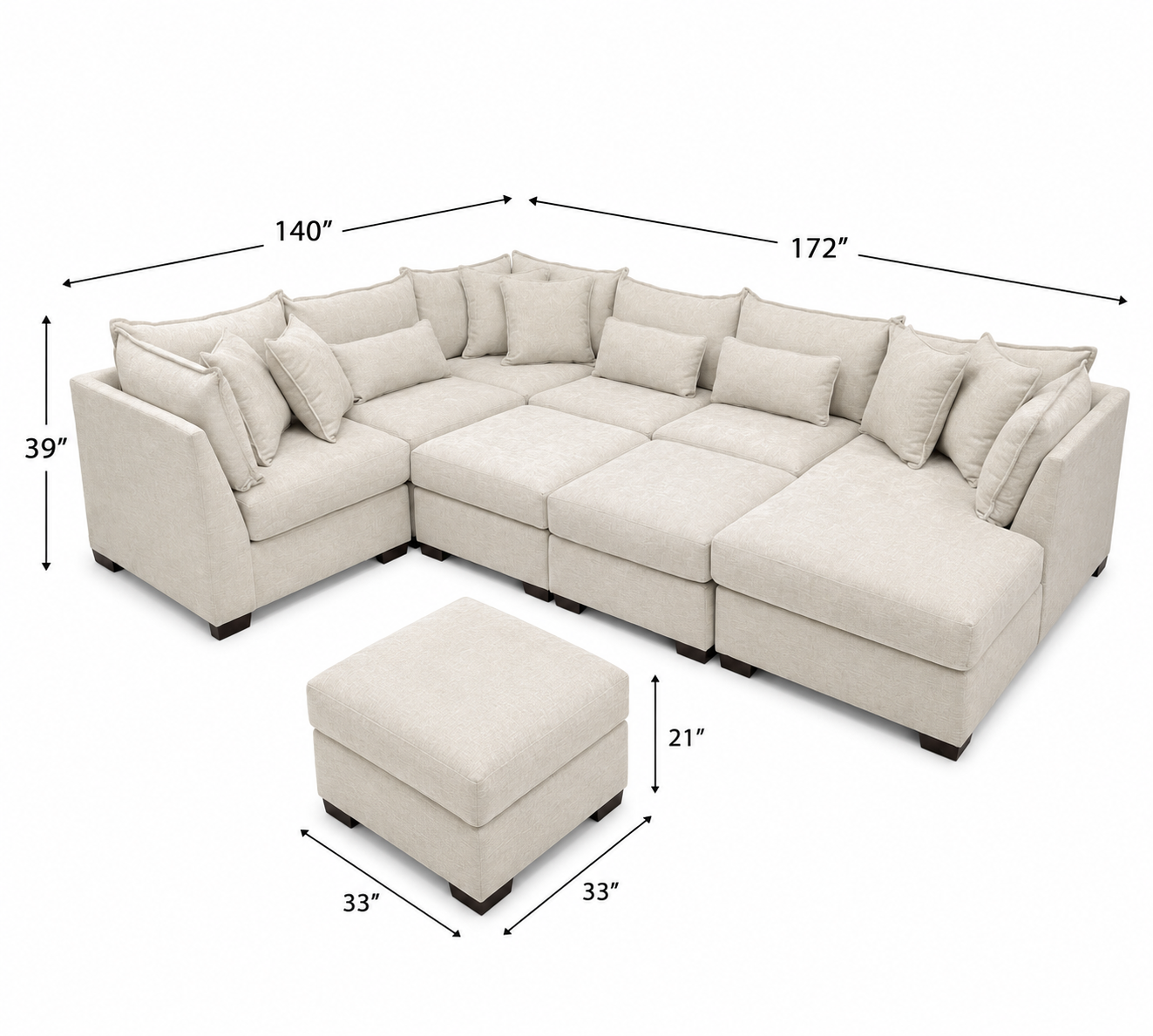Alina 6 Pc Right Chaise U Shape Sectional with Double Storage Ottoman