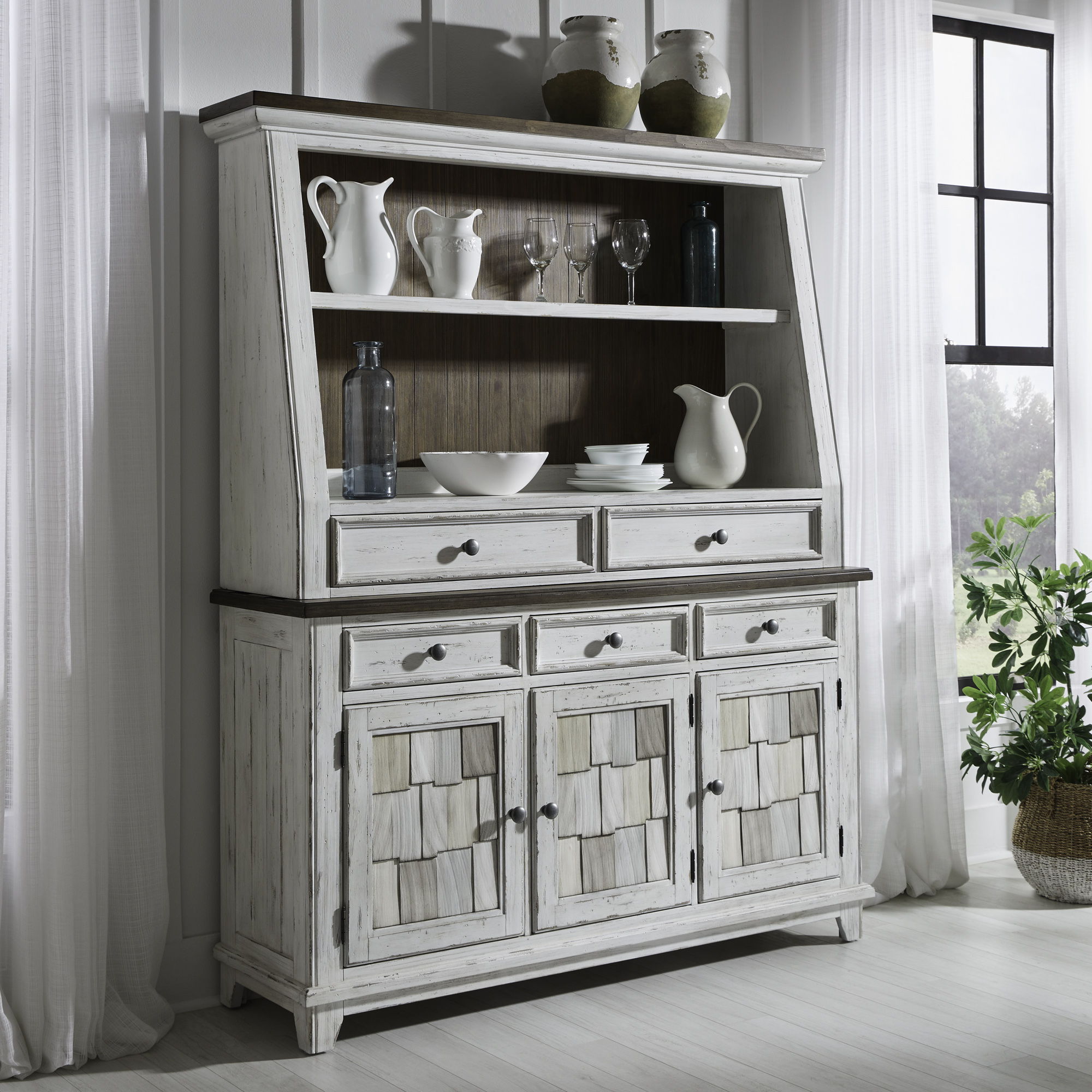 River Place - Server & Hutch - Riverstone White & Tobacco