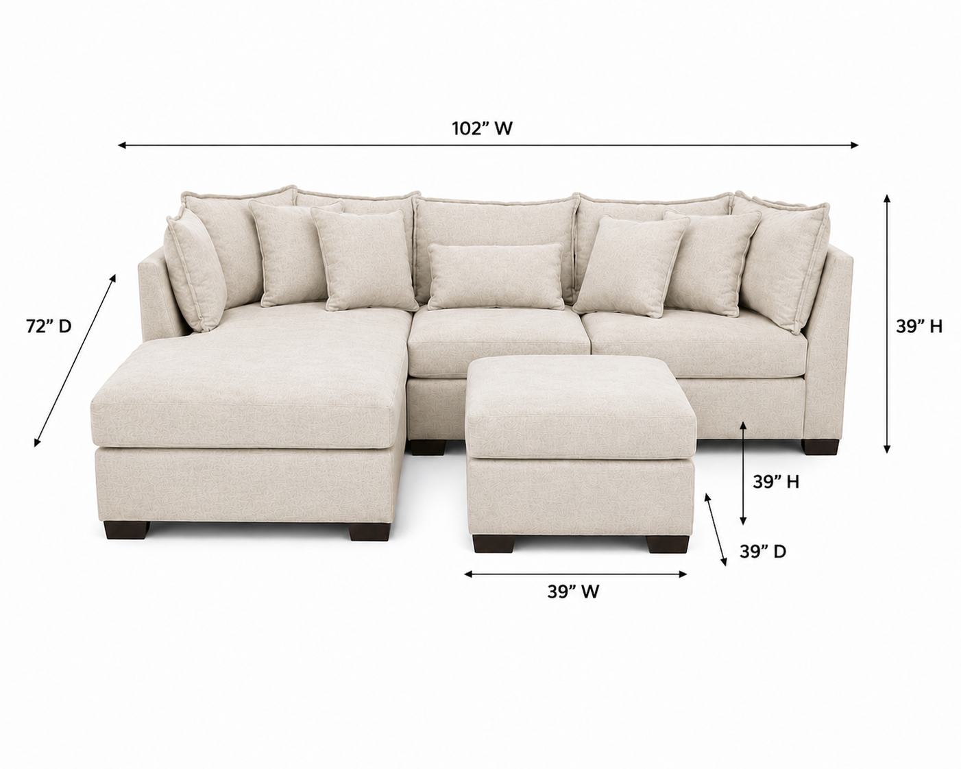 Alina 3 Pc Left Chaise Sectional with Storage Ottoman in Ivory
