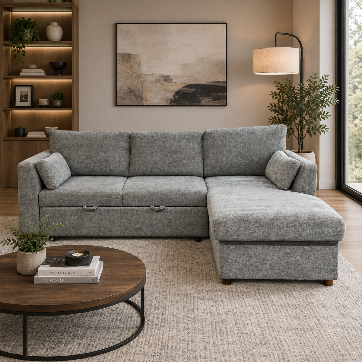 Pop out Sleeper Sectional with Reversible Storage Chaise in Gray