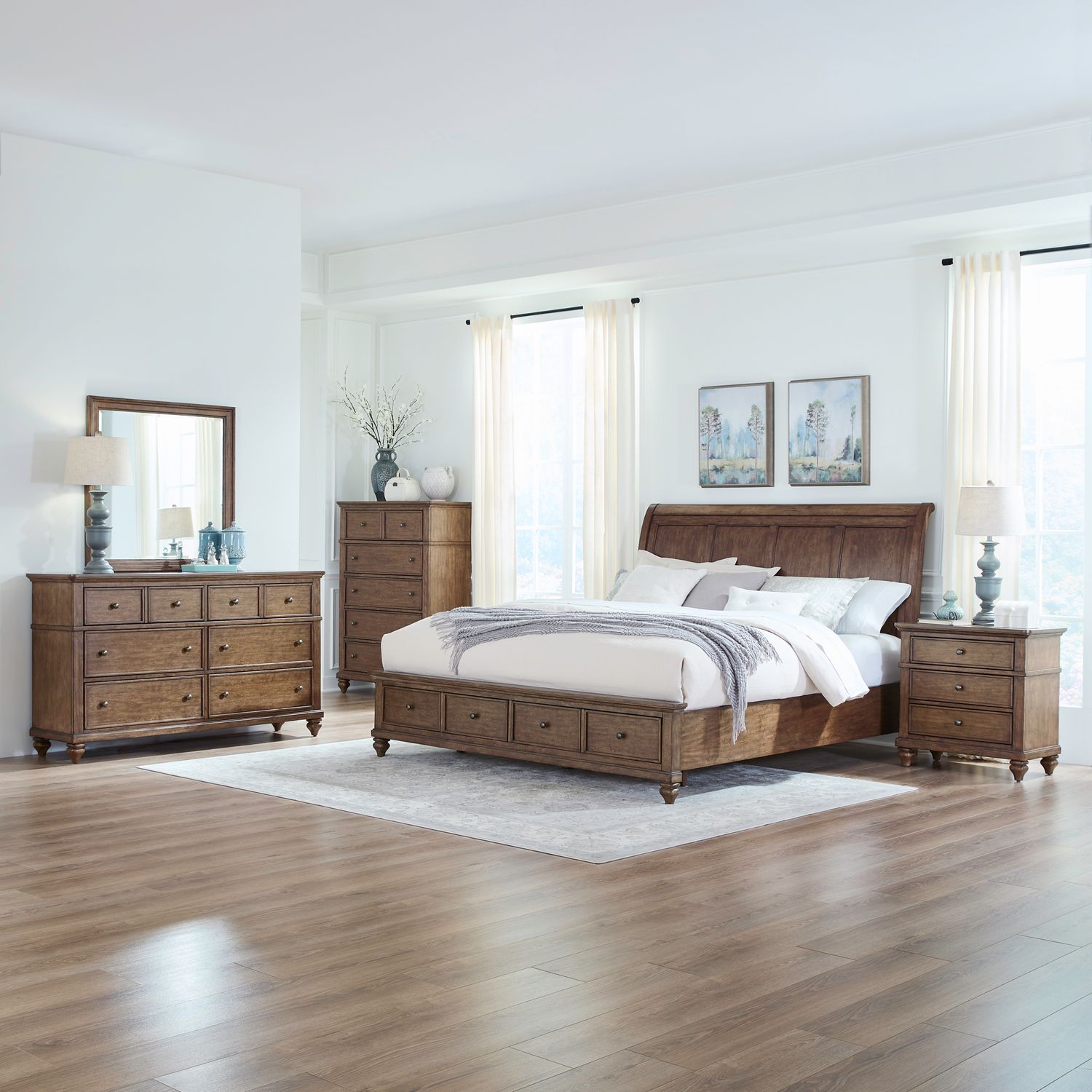 King Storage Bed, Dresser & Mirror, Chest, Night Stand