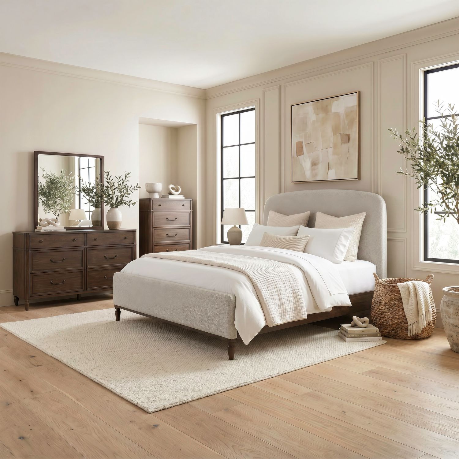 King California Uph Bed, Dresser & Mirror, Chest