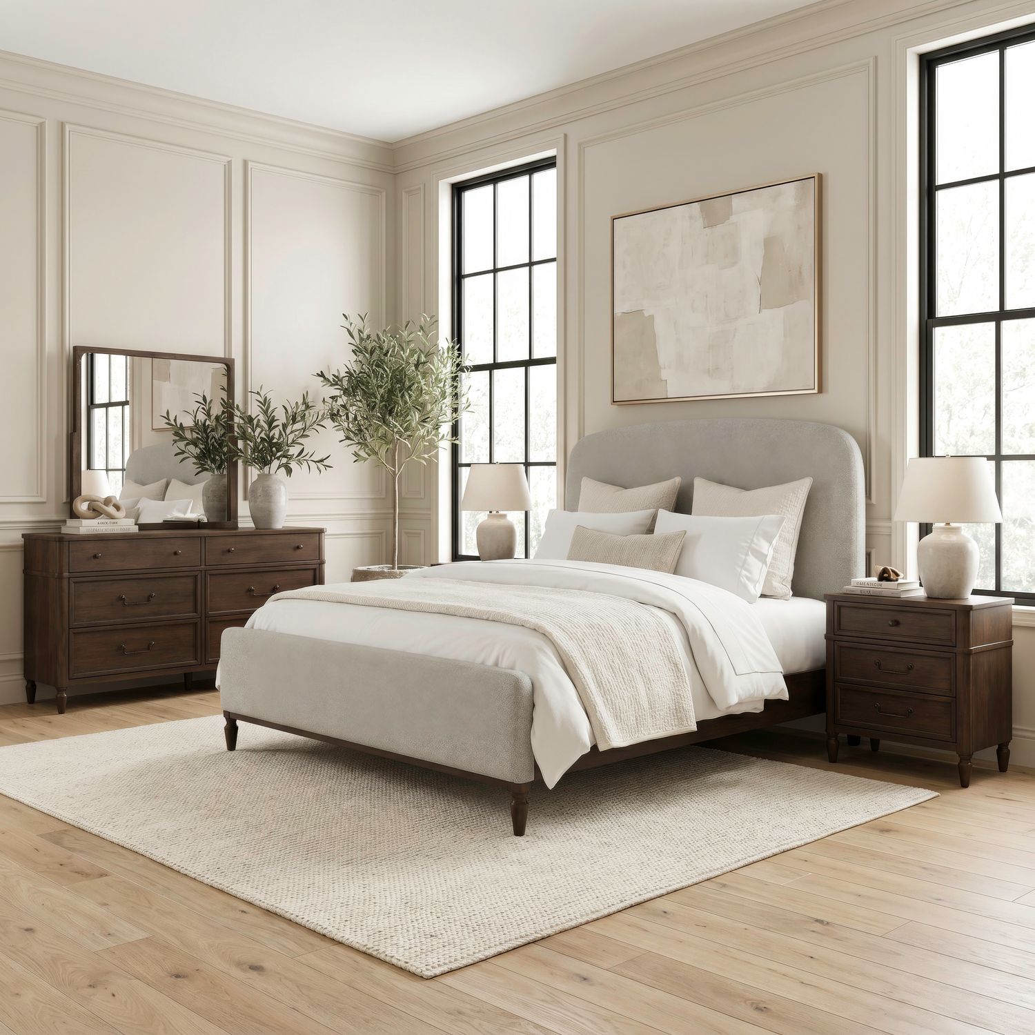 King California Uph Bed, Dresser & Mirror, Night Stand