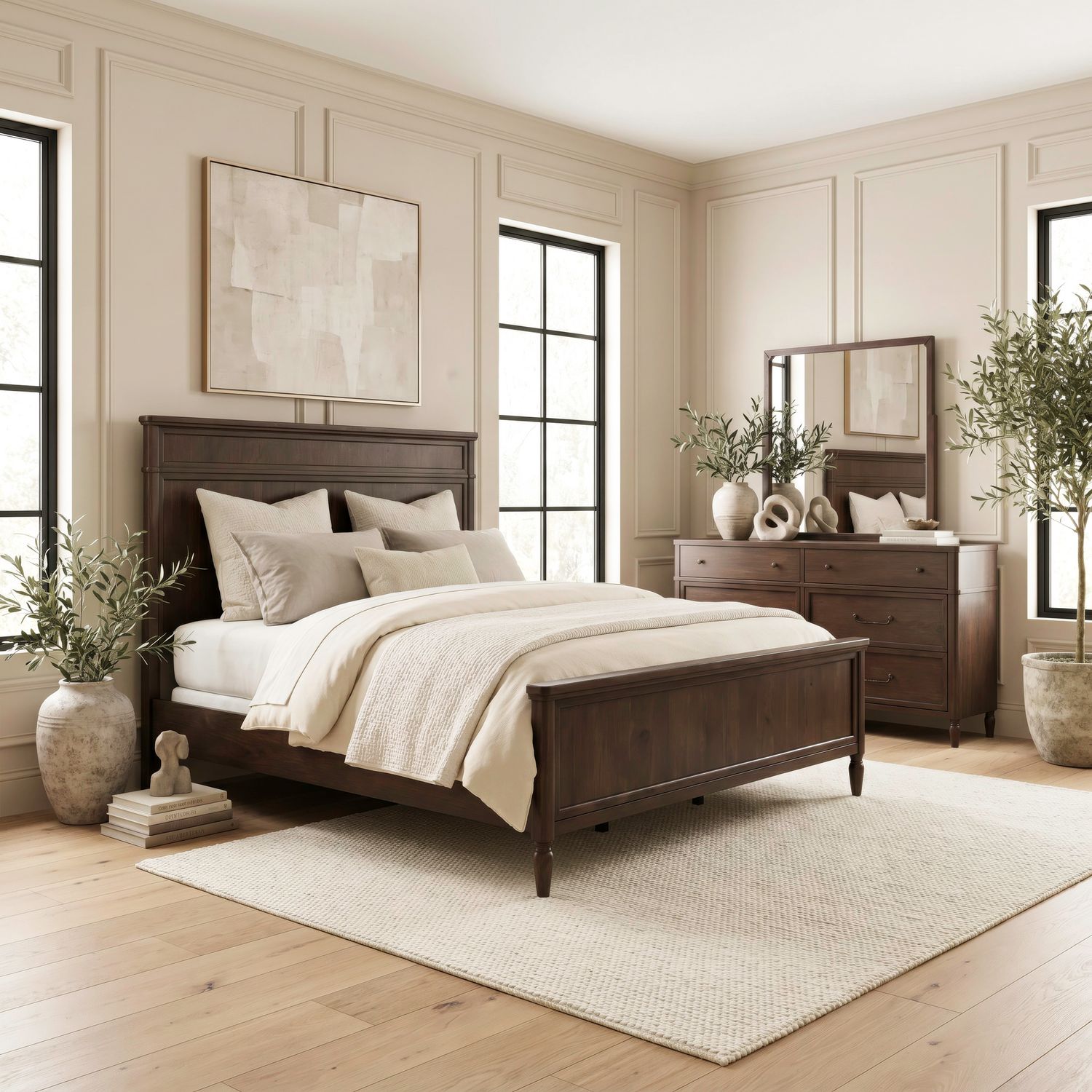 King California Panel Bed, Dresser & Mirror