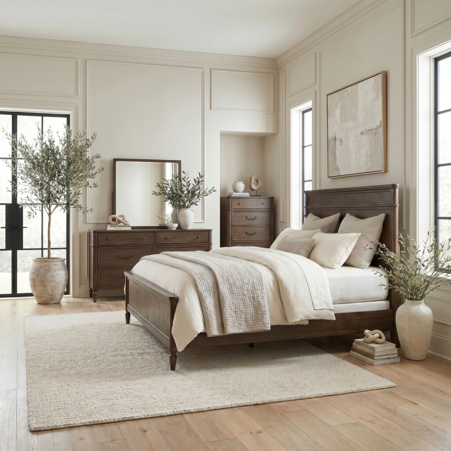 King Panel Bed, Dresser & Mirror, Chest