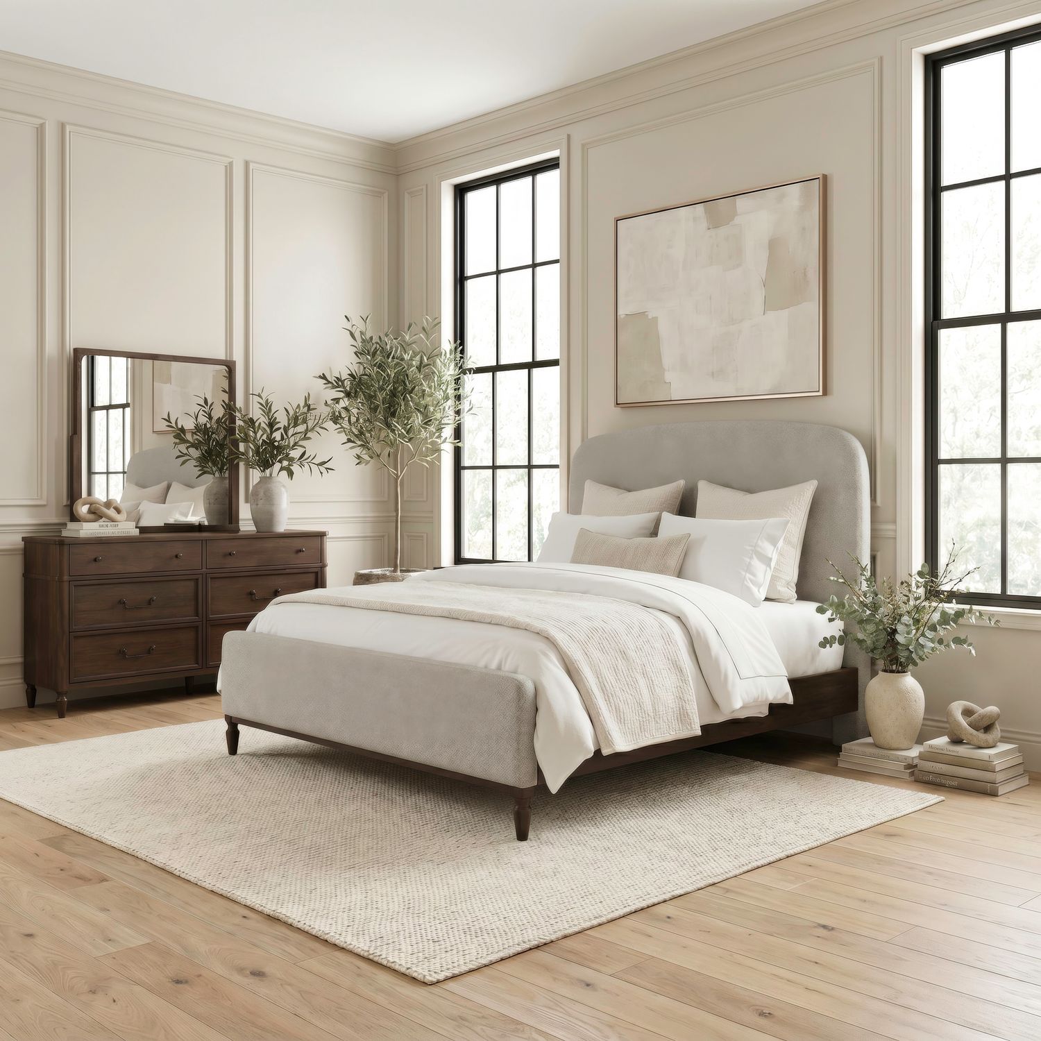 King Uph Bed, Dresser & Mirror