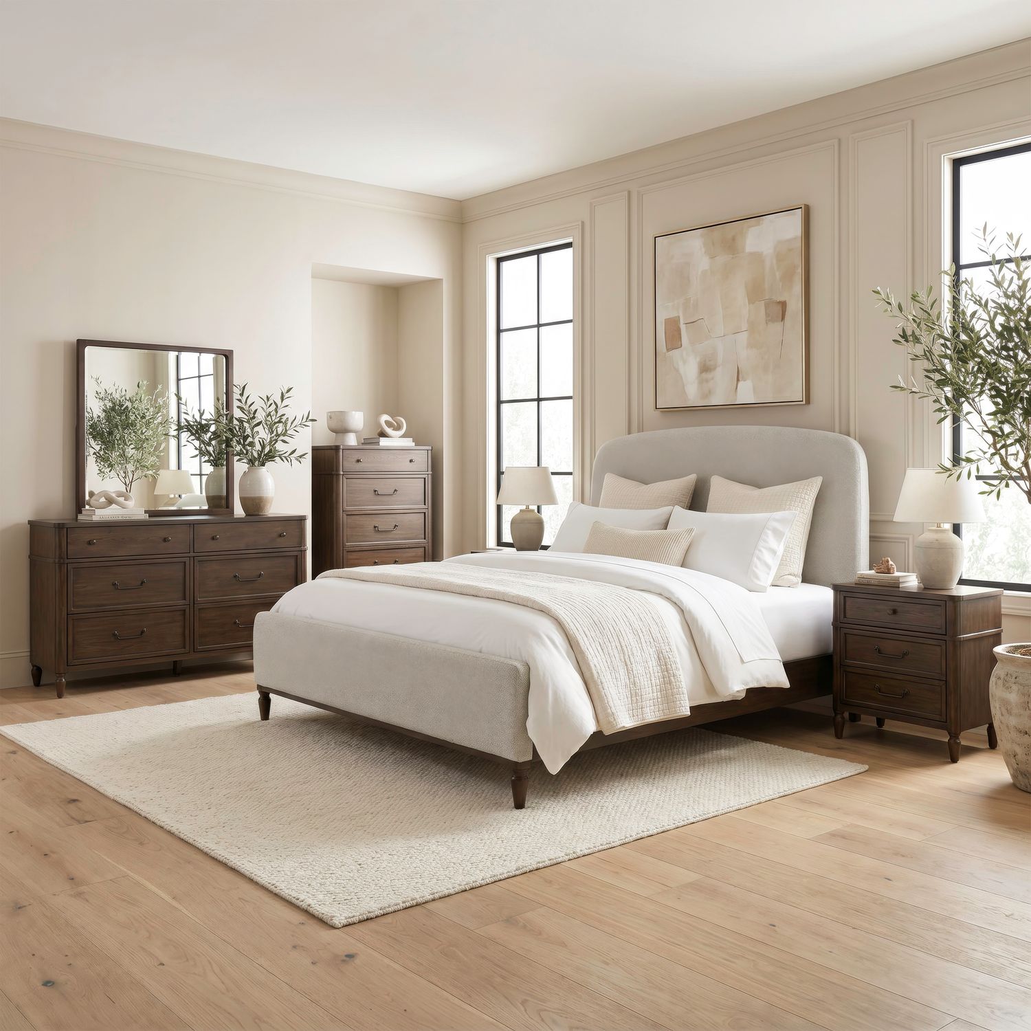 King Uph Bed, Dresser & Mirror, Chest, Night Stand