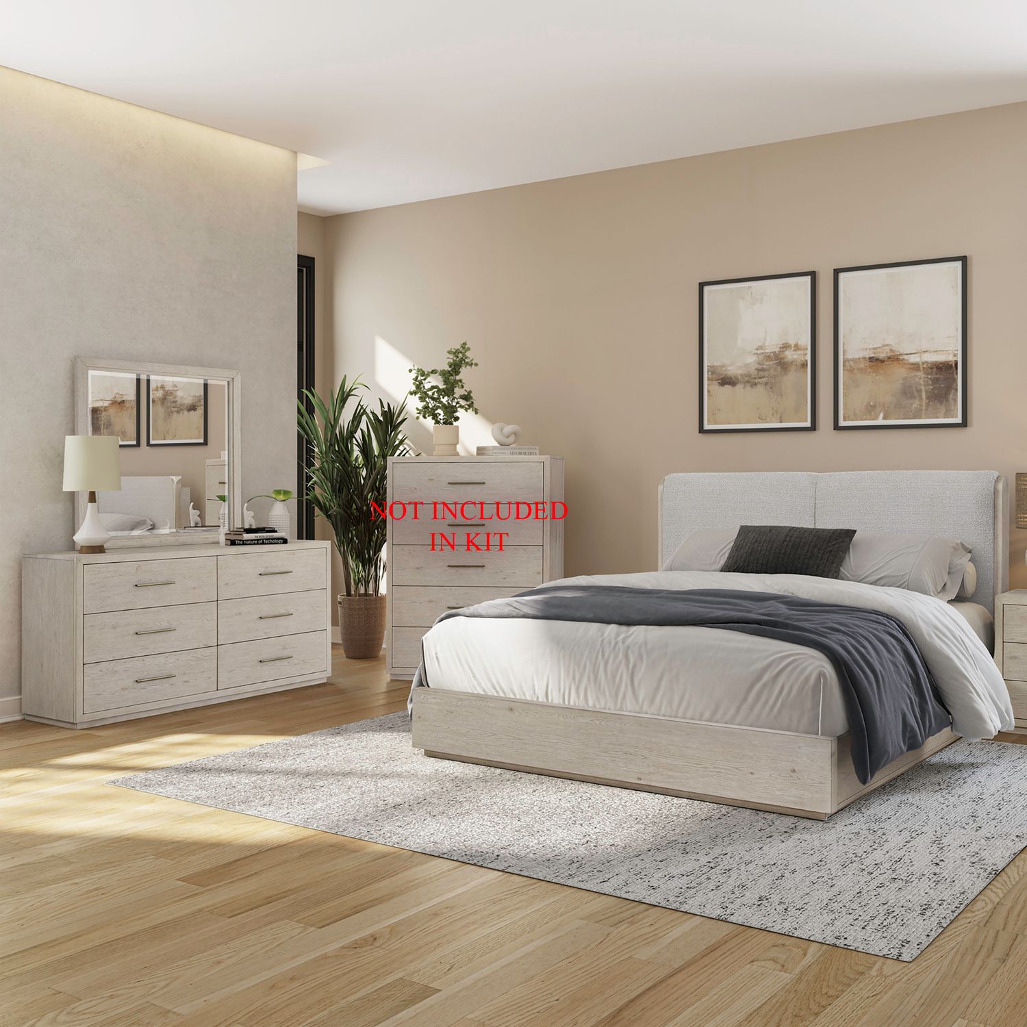 King California Uph Platform Bed, Dresser & Mirror