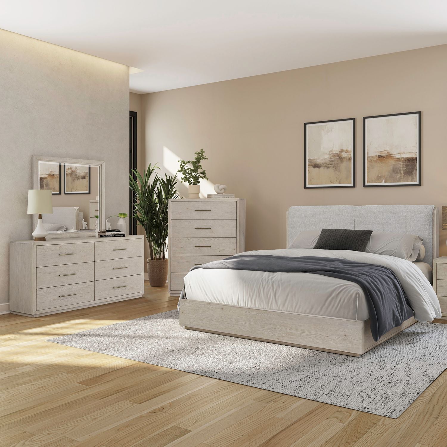 King Uph Platform Bed, Dresser & Mirror, Chest