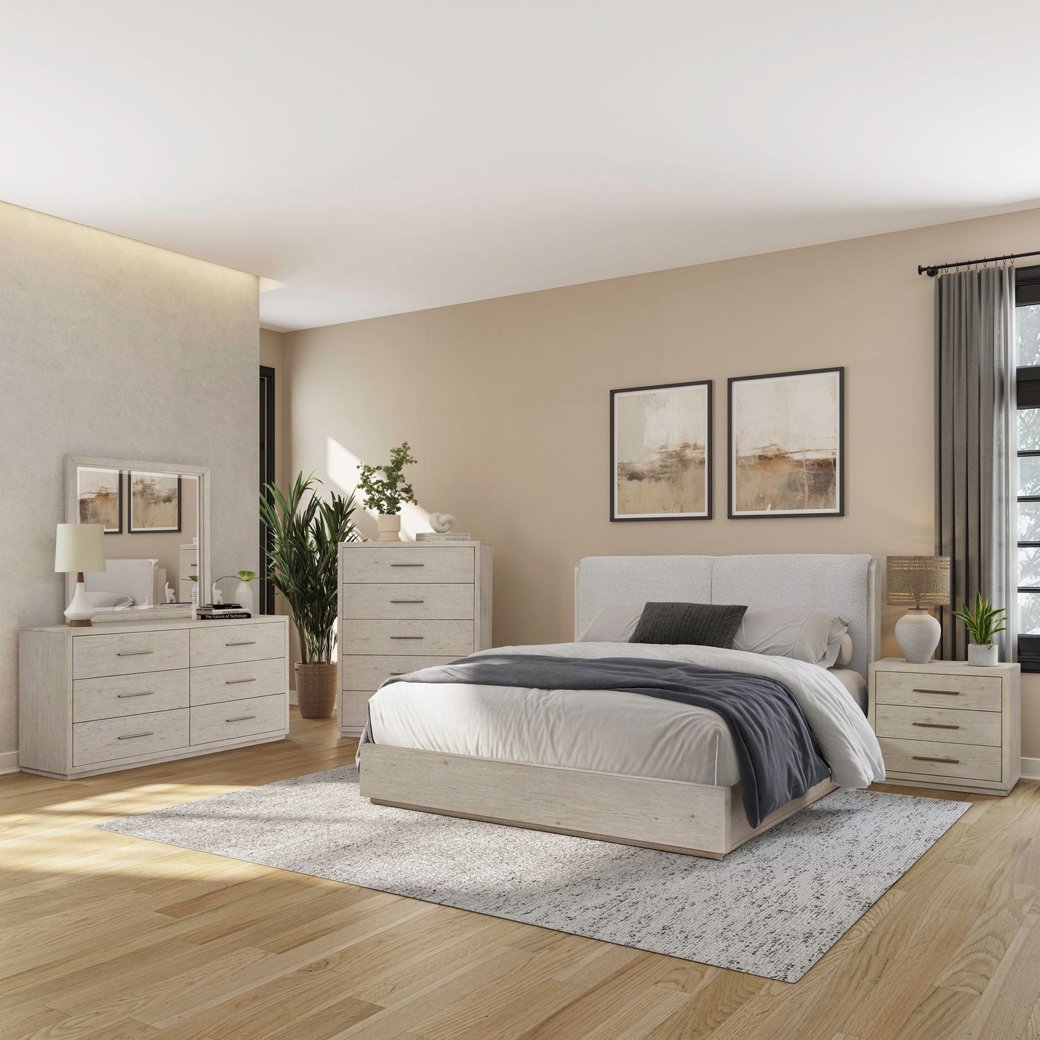 Queen Uph Platform Bed, Dresser & Mirror, Chest, Night Stand