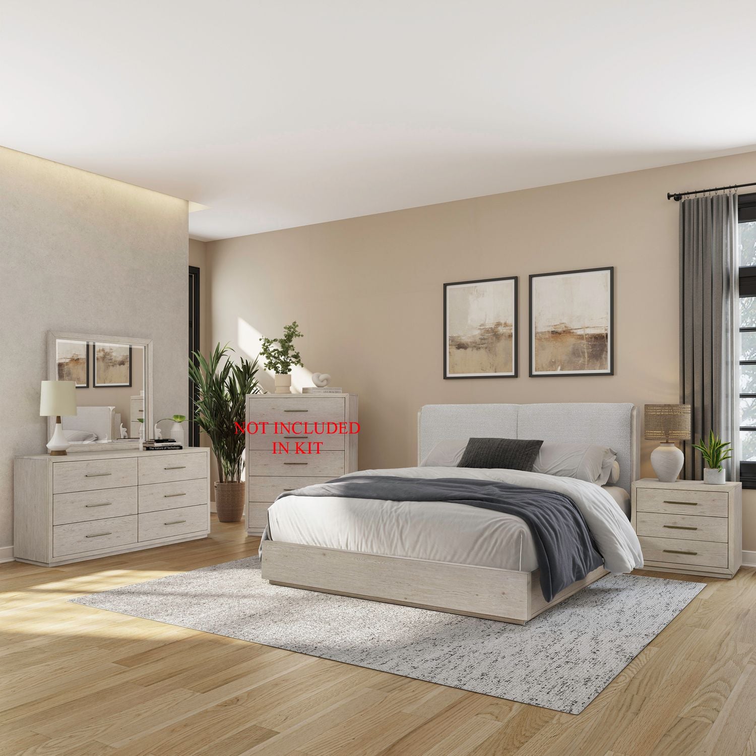 Queen Uph Platform Bed, Dresser & Mirror, Night Stand