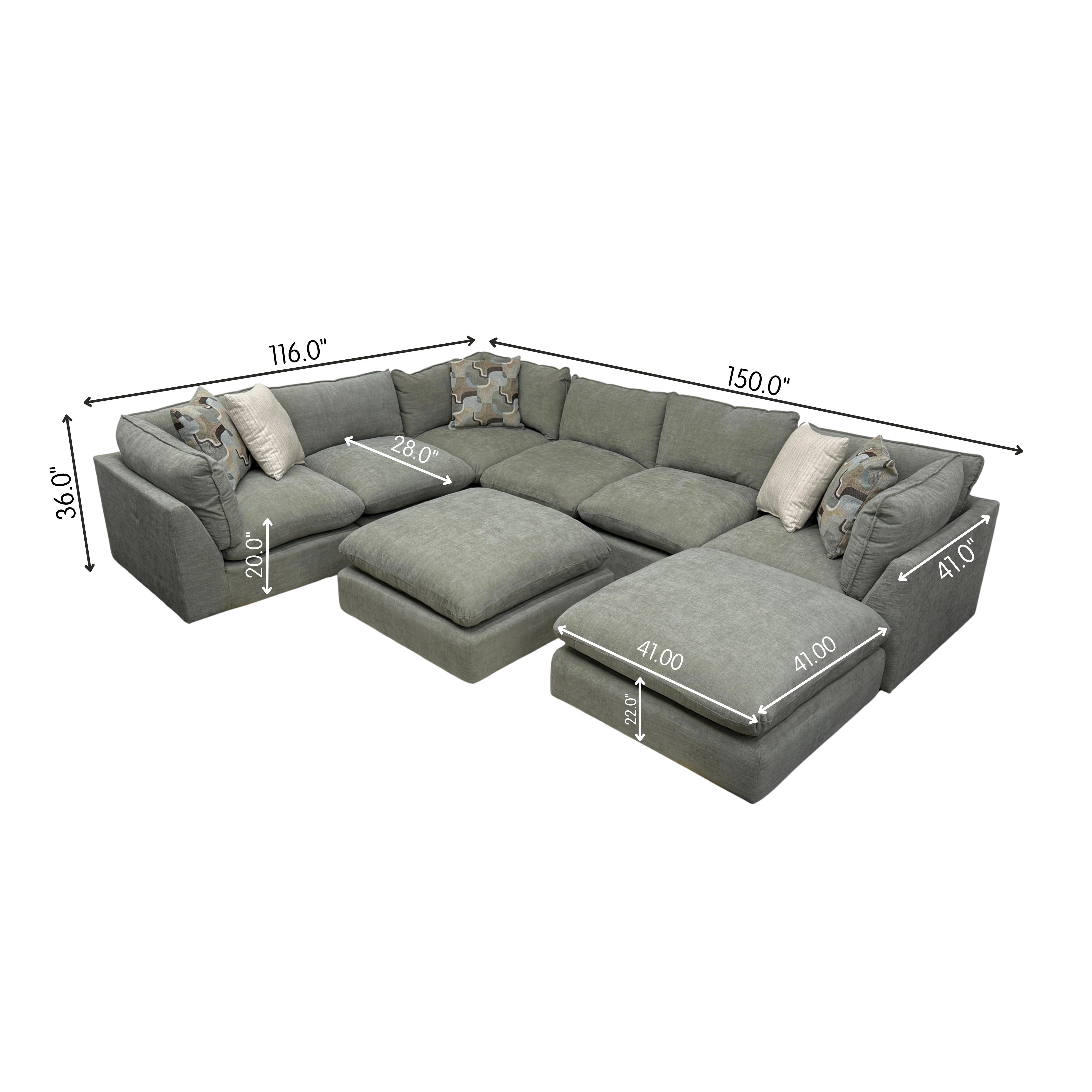 Willow 6-Piece Modular U-Shape Sectional with Two Ottomans - Sage