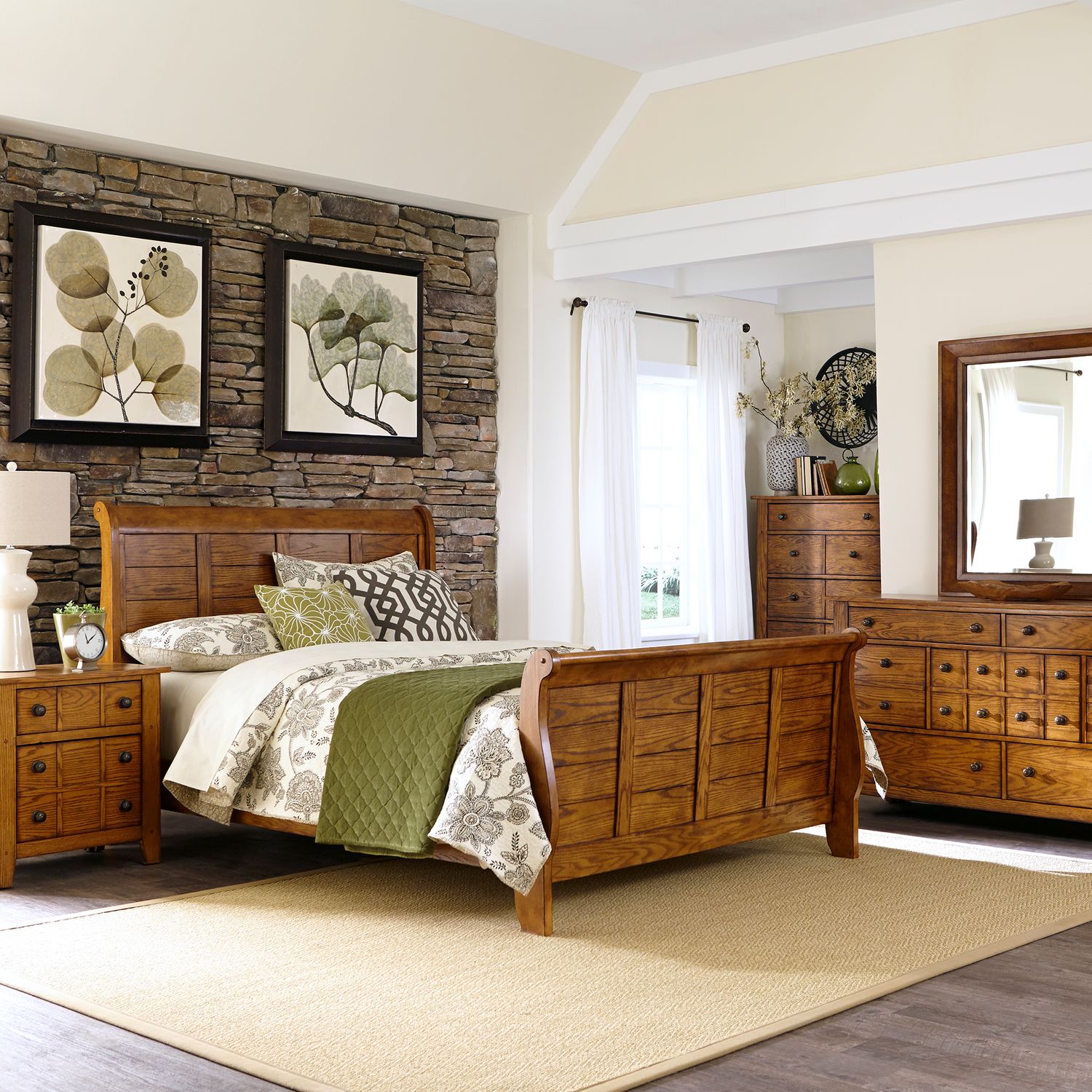 King California Sleigh Bed, Dresser & Mirror, Chest, Night Stand