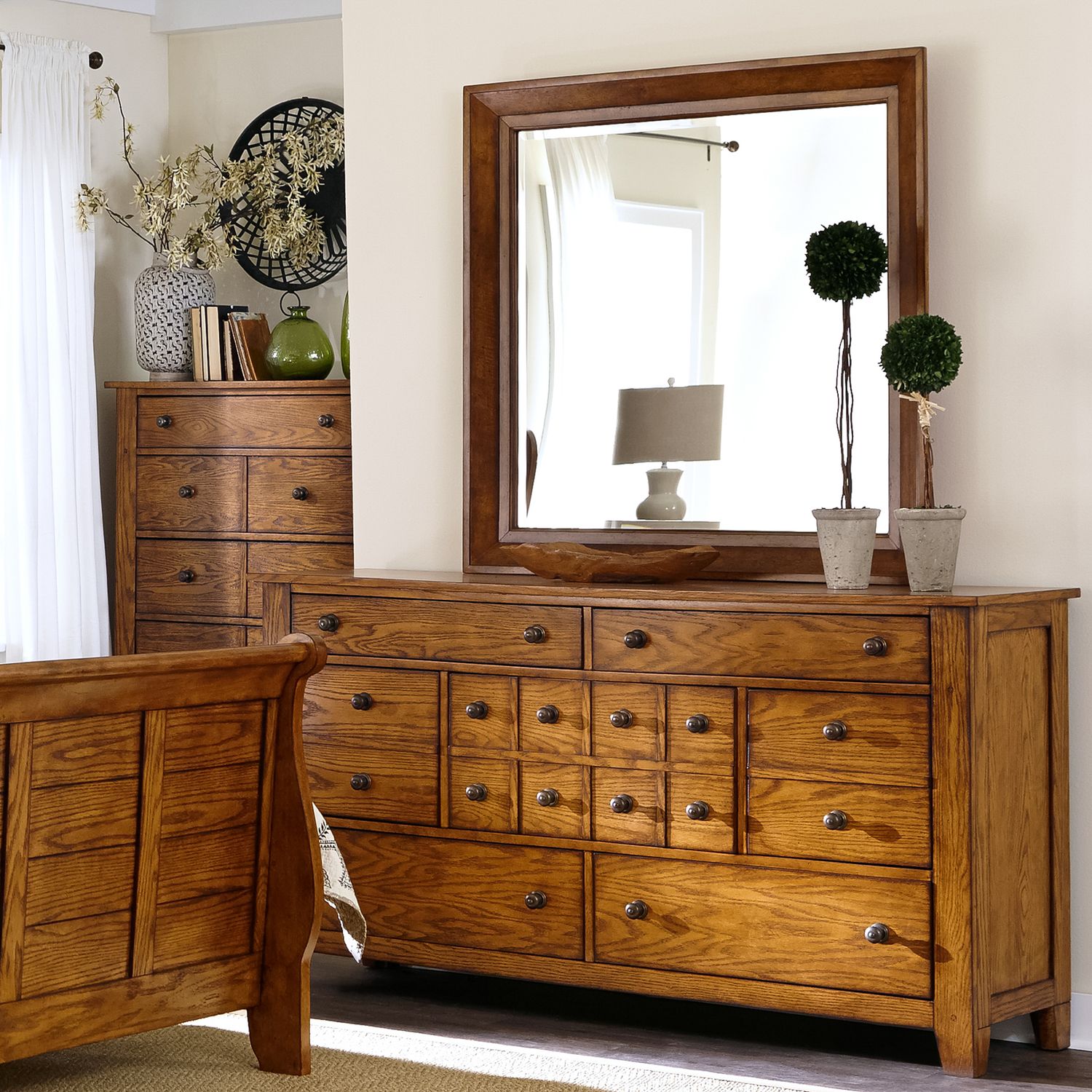 King California Sleigh Bed, Dresser & Mirror, Night Stand