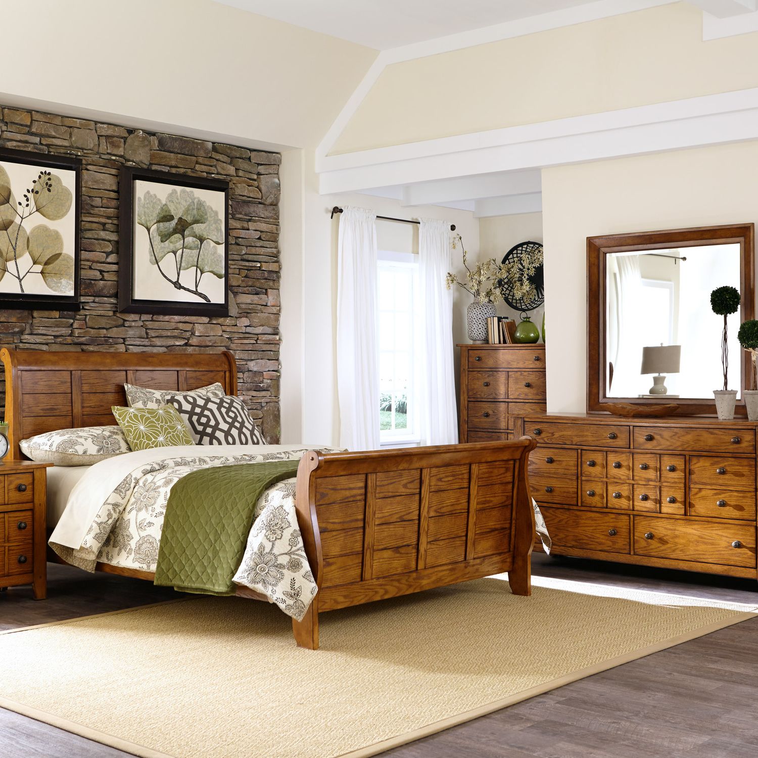 King California Sleigh Bed, Dresser & Mirror, Night Stand