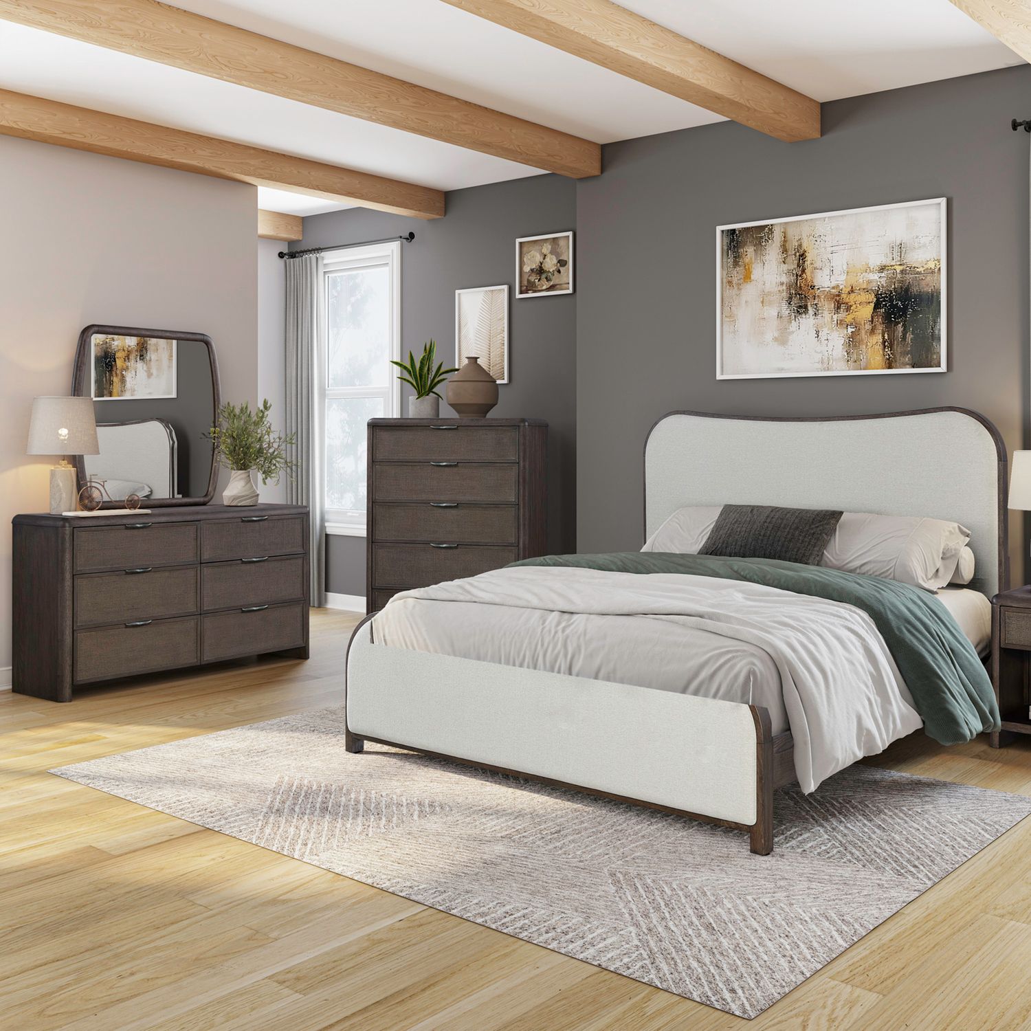 King California Uph Bed, Dresser & Mirror, Chest