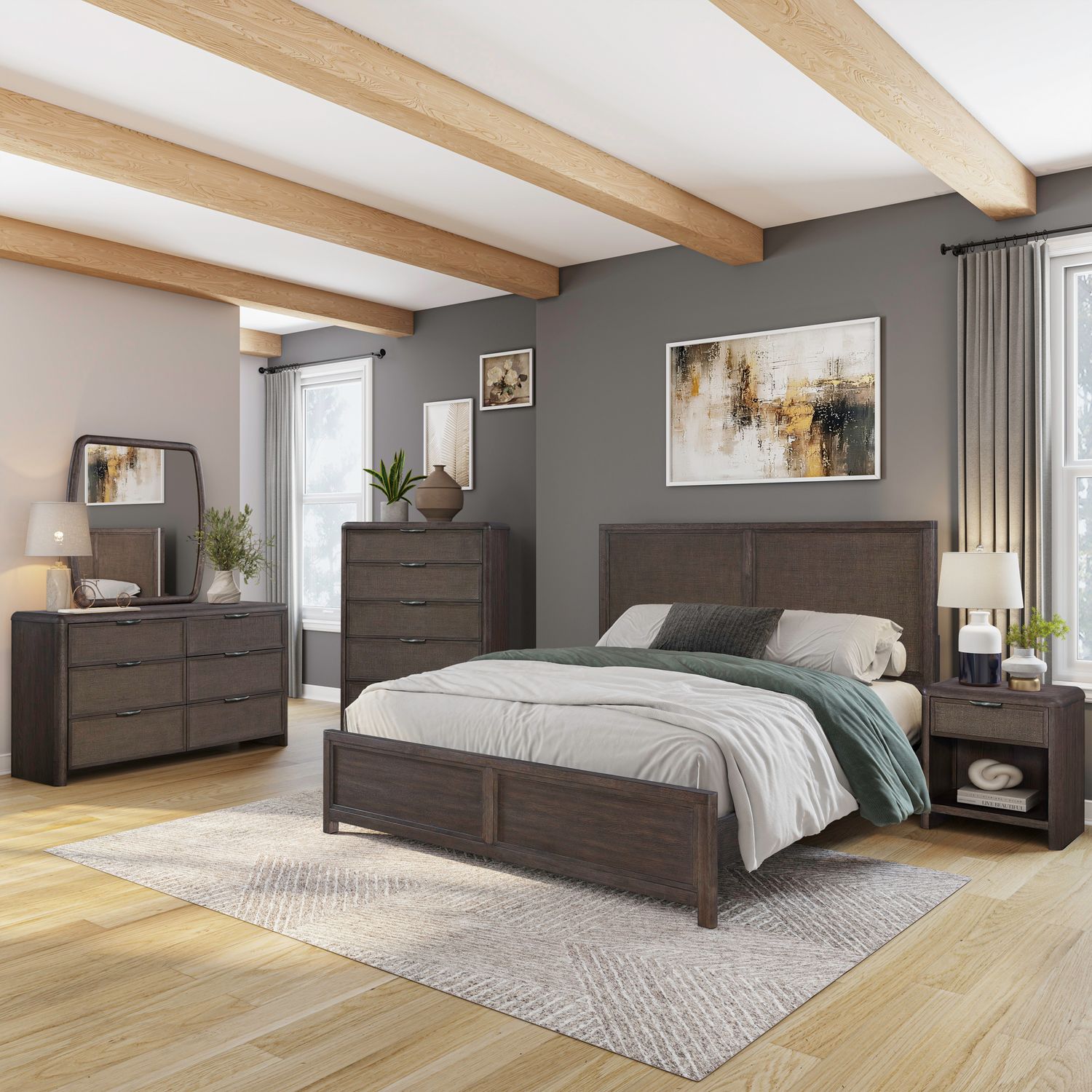 King Panel Bed, Dresser & Mirror, Chest, Night Stand