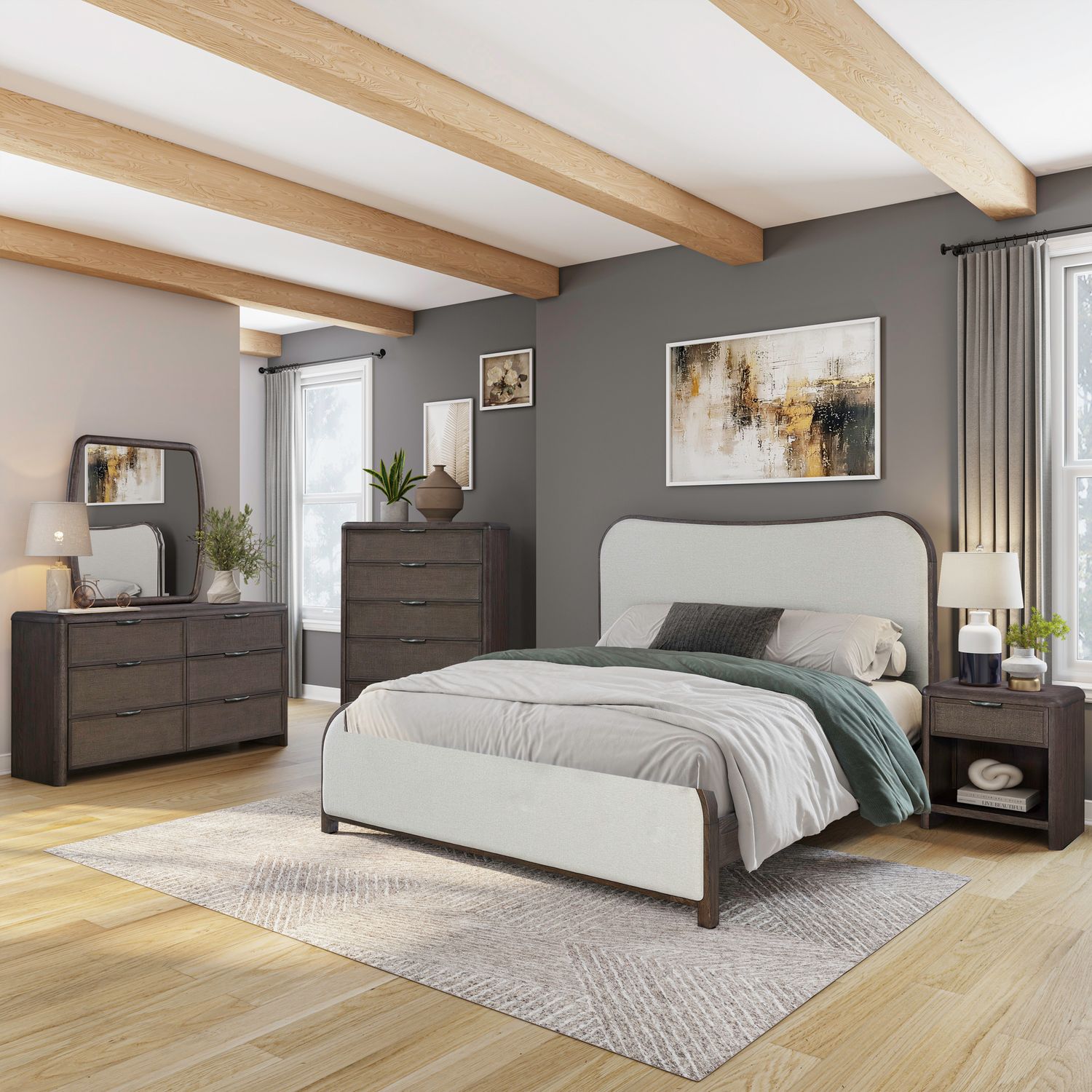 King Uph Bed, Dresser & Mirror, Chest, Night Stand