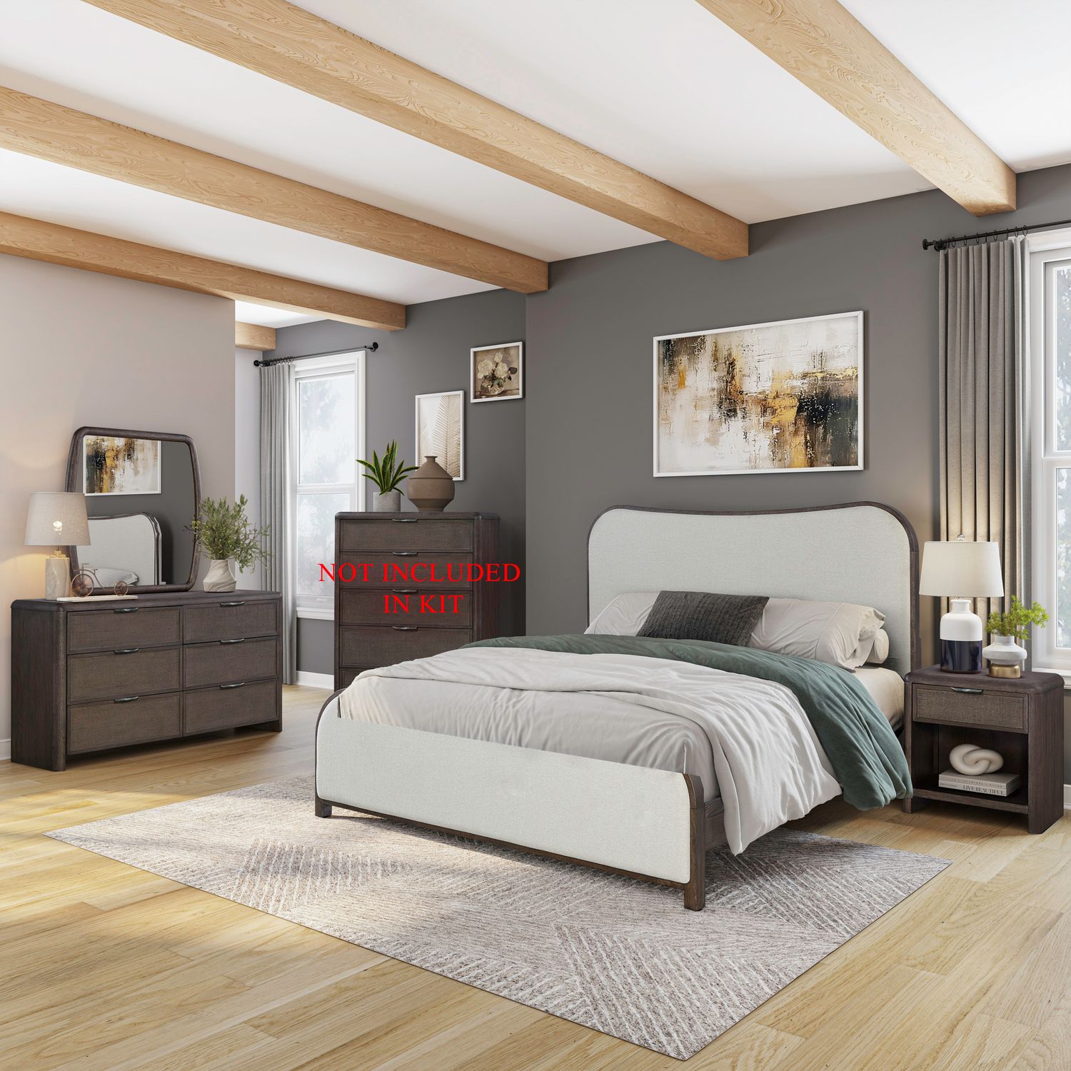 King Uph Bed, Dresser & Mirror, Night Stand