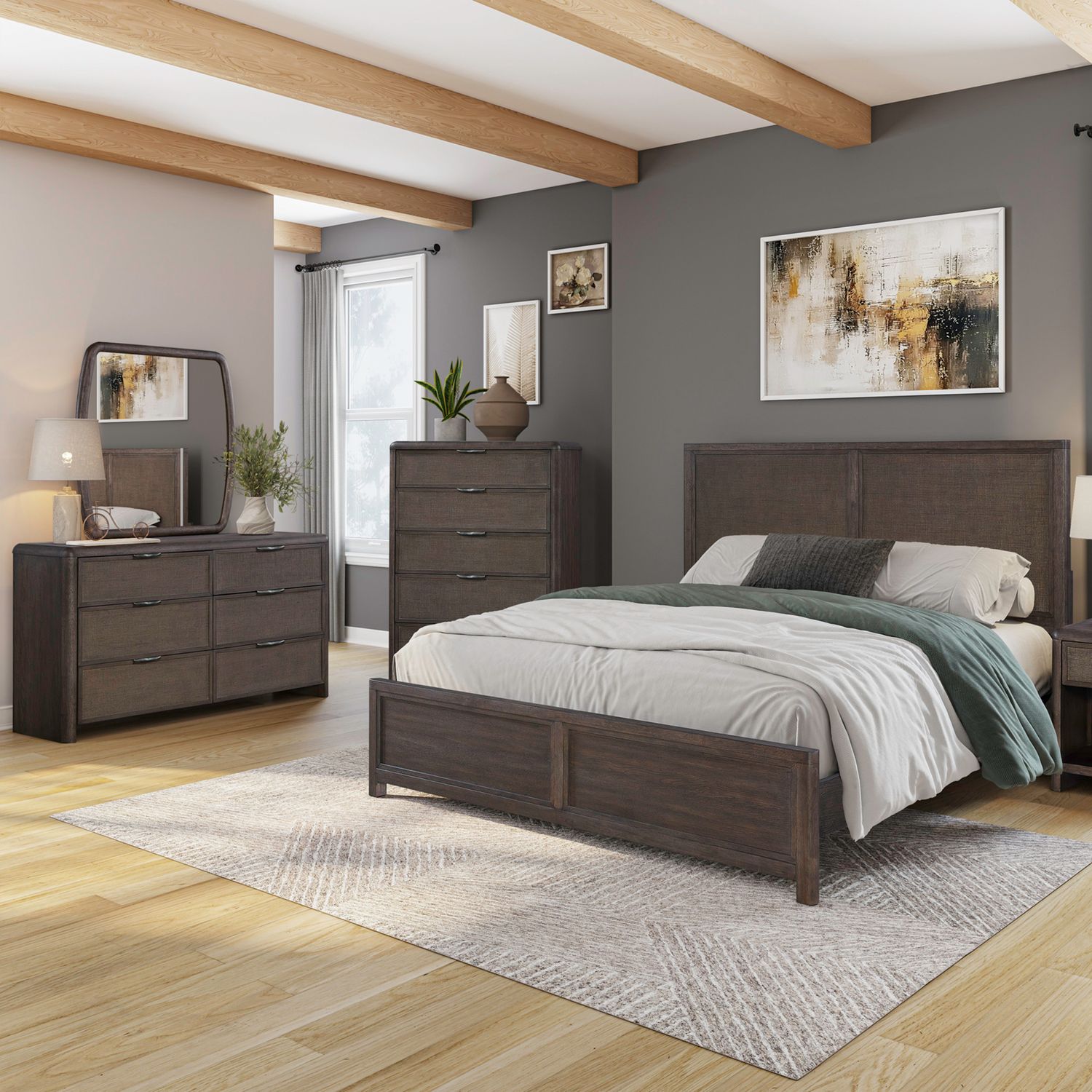 Queen Panel Bed, Dresser & Mirror, Chest