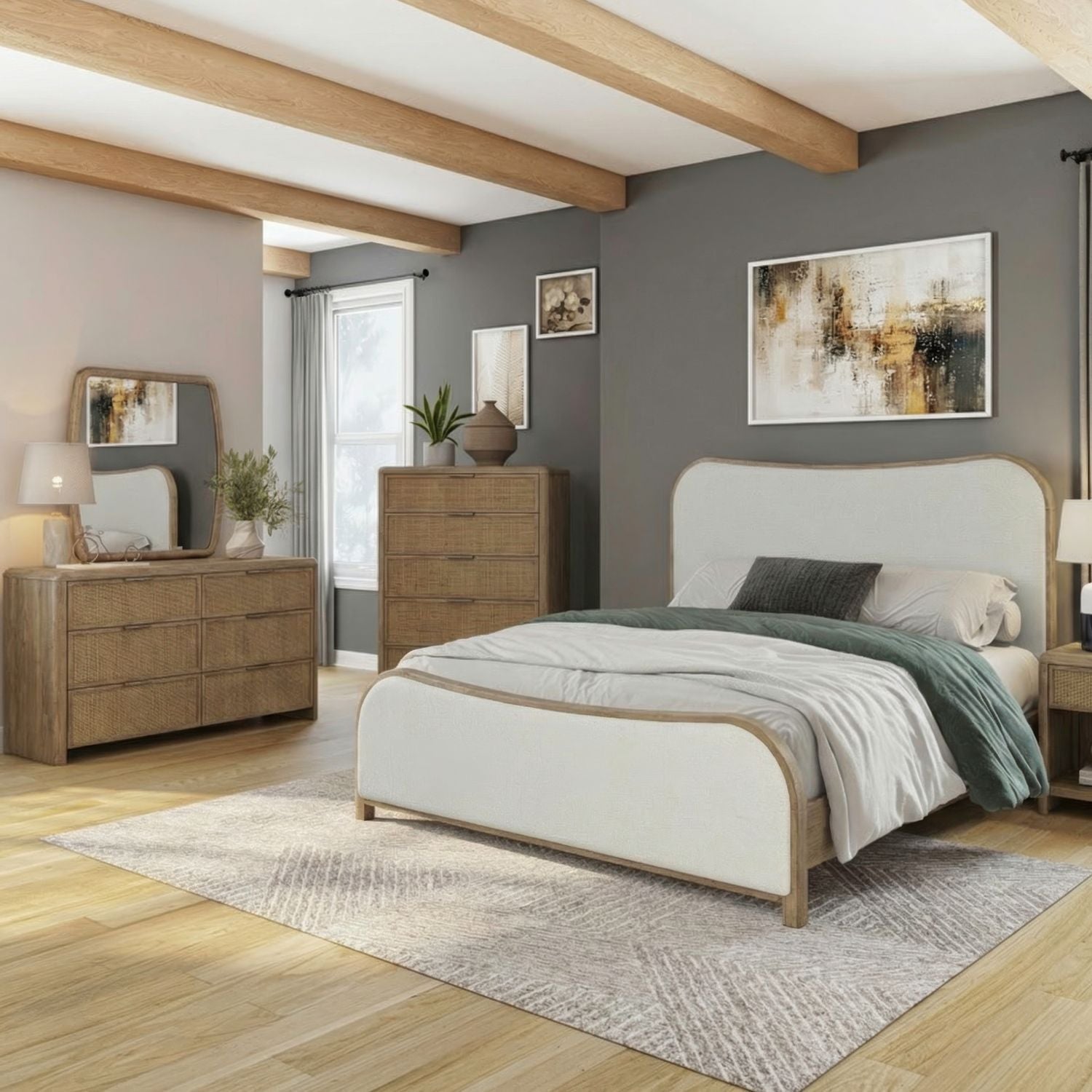 King California Uph Bed, Dresser & Mirror, Chest