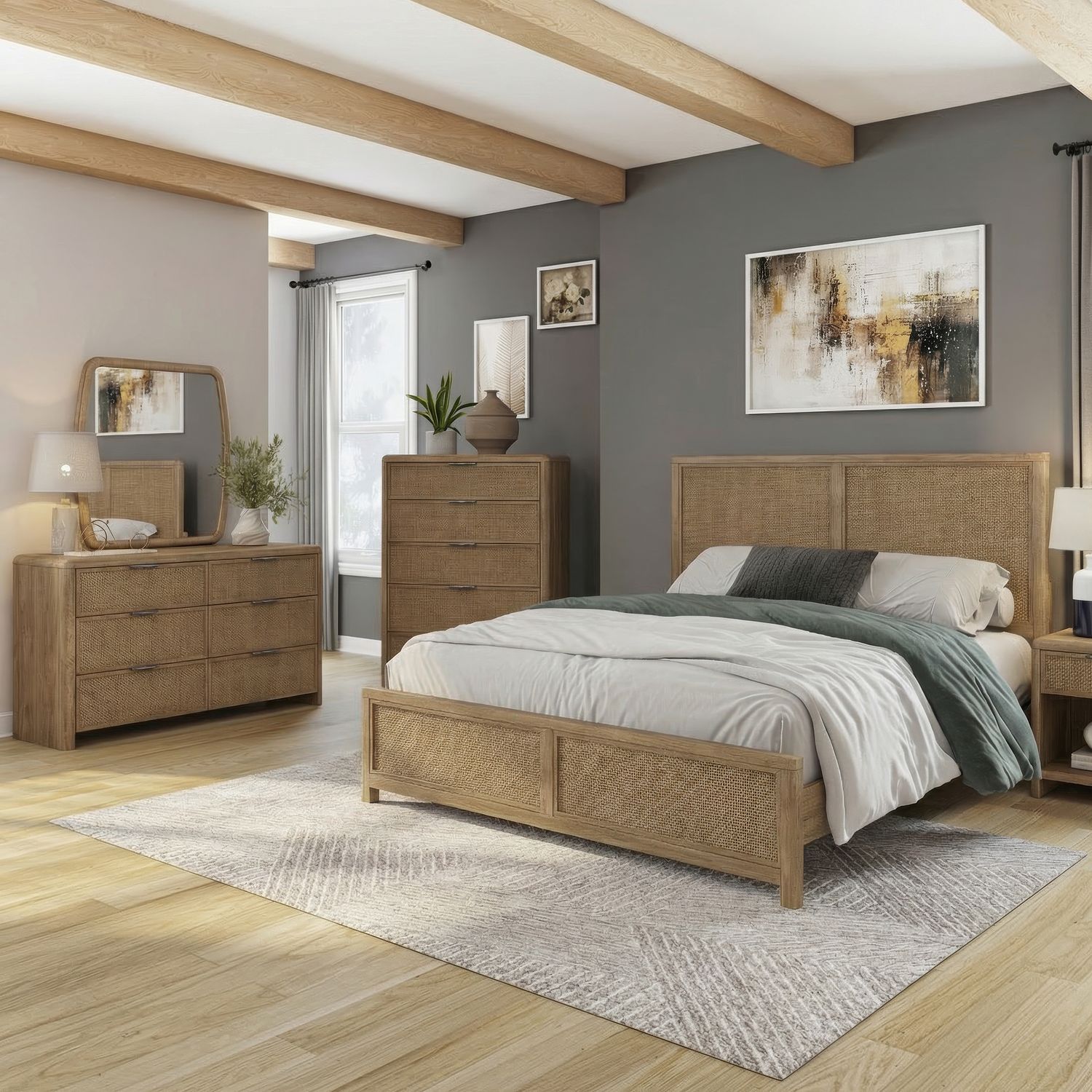 King California Panel Bed, Dresser & Mirror, Chest