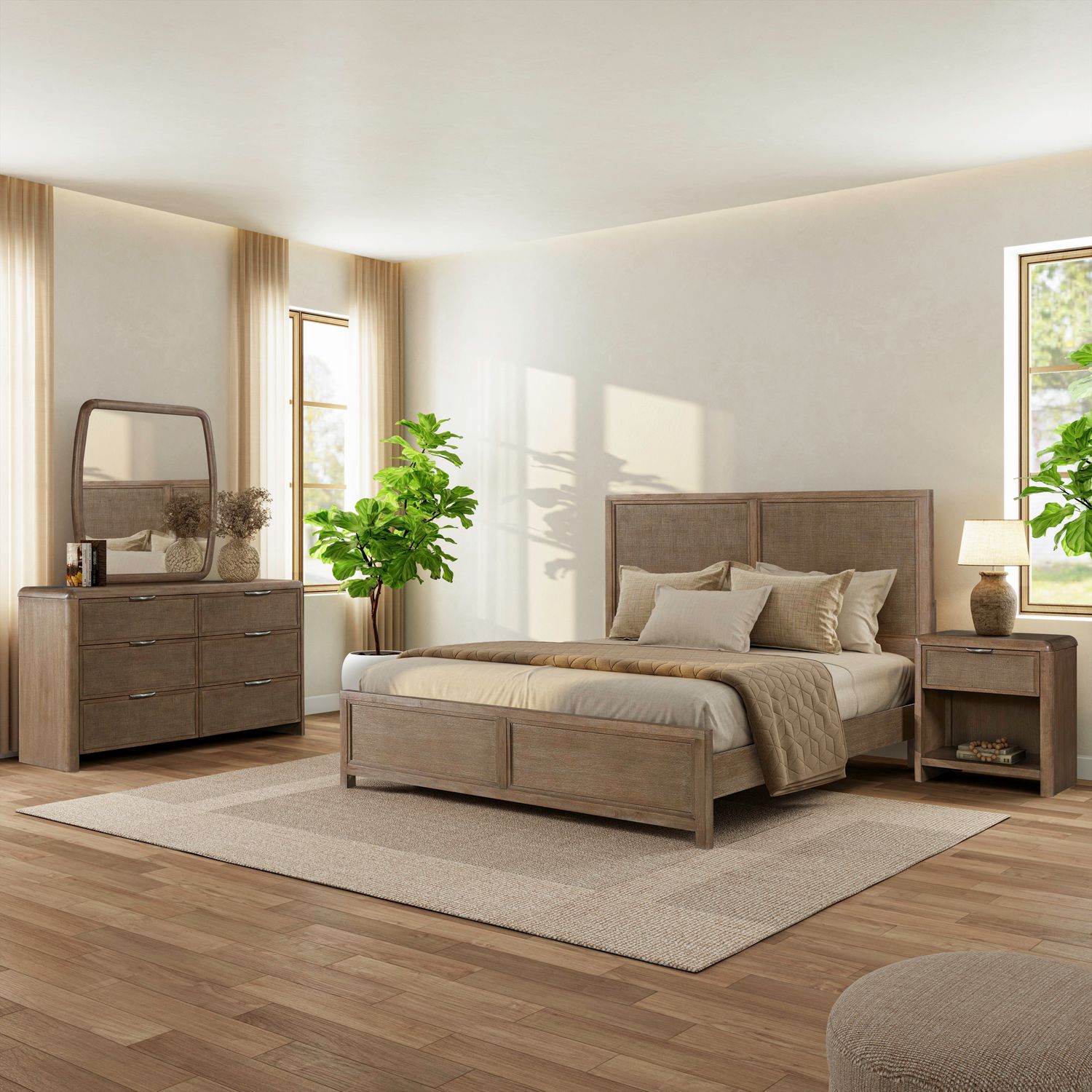 King California Panel Bed, Dresser & Mirror, Night Stand