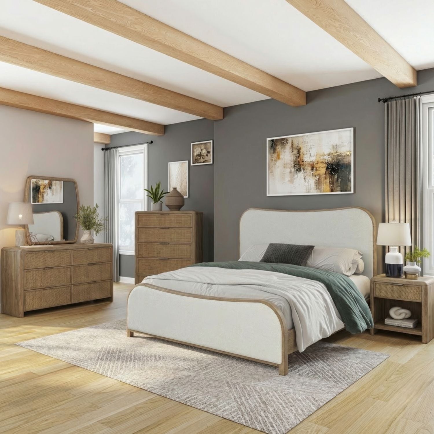 King Uph Bed, Dresser & Mirror, Chest, Night Stand