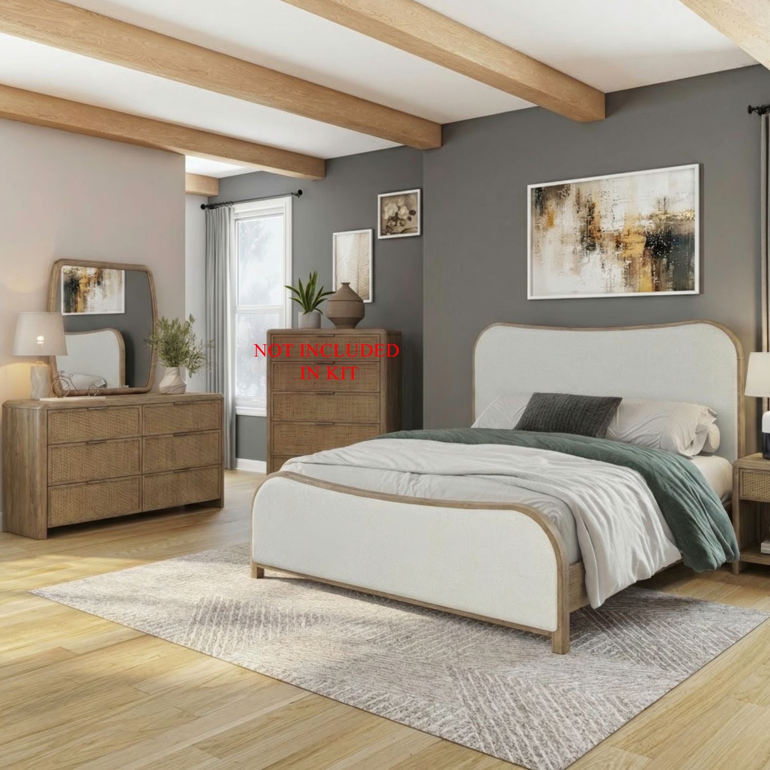 Queen Uph Bed, Dresser & Mirror