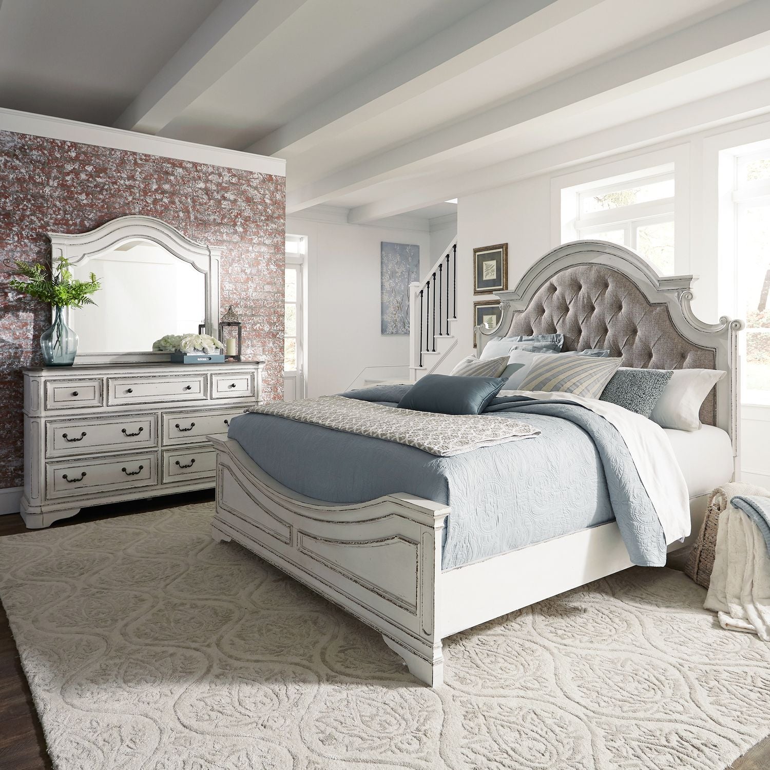 King California Upholstered Bed, Dresser & Mirror