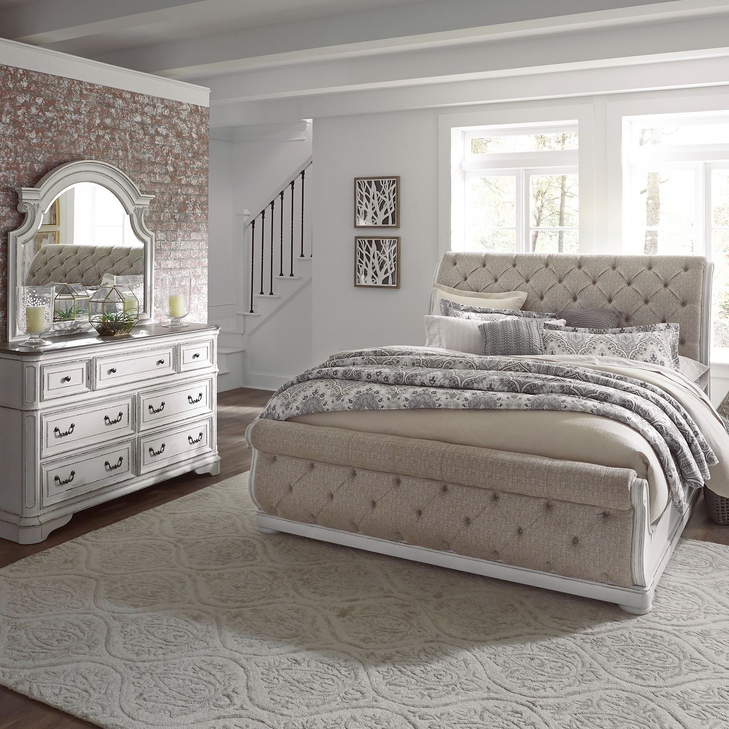 King California Upholstered Sleigh Bed, Dresser & Mirror