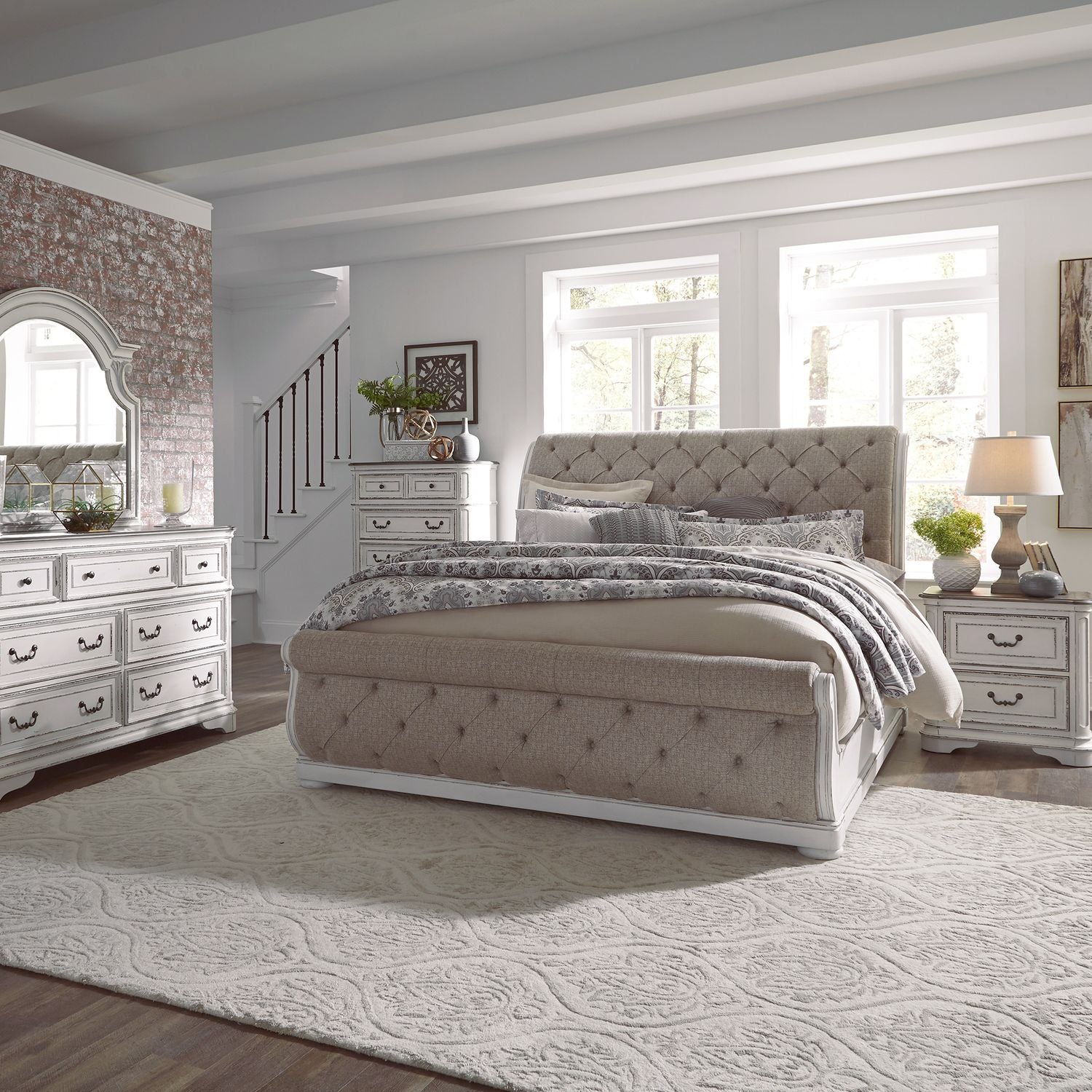 King California Upholstered Sleigh Bed, Dresser & Mirror, Chest, Night Stand