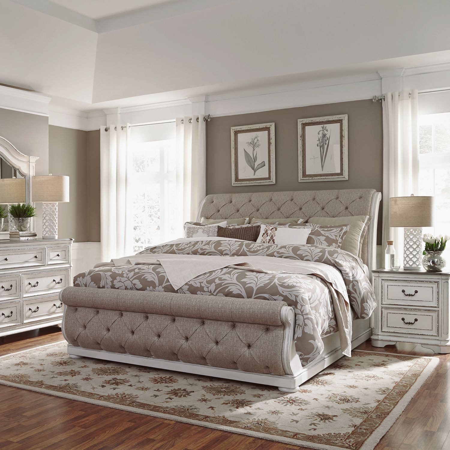 King California Upholstered Sleigh Bed, Dresser & Mirror, Night Stand