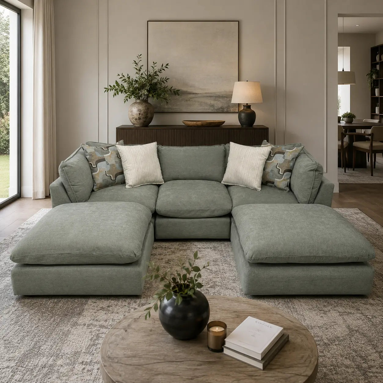 Willow 3-Piece Modular Sofa with Two Ottomans - Sage