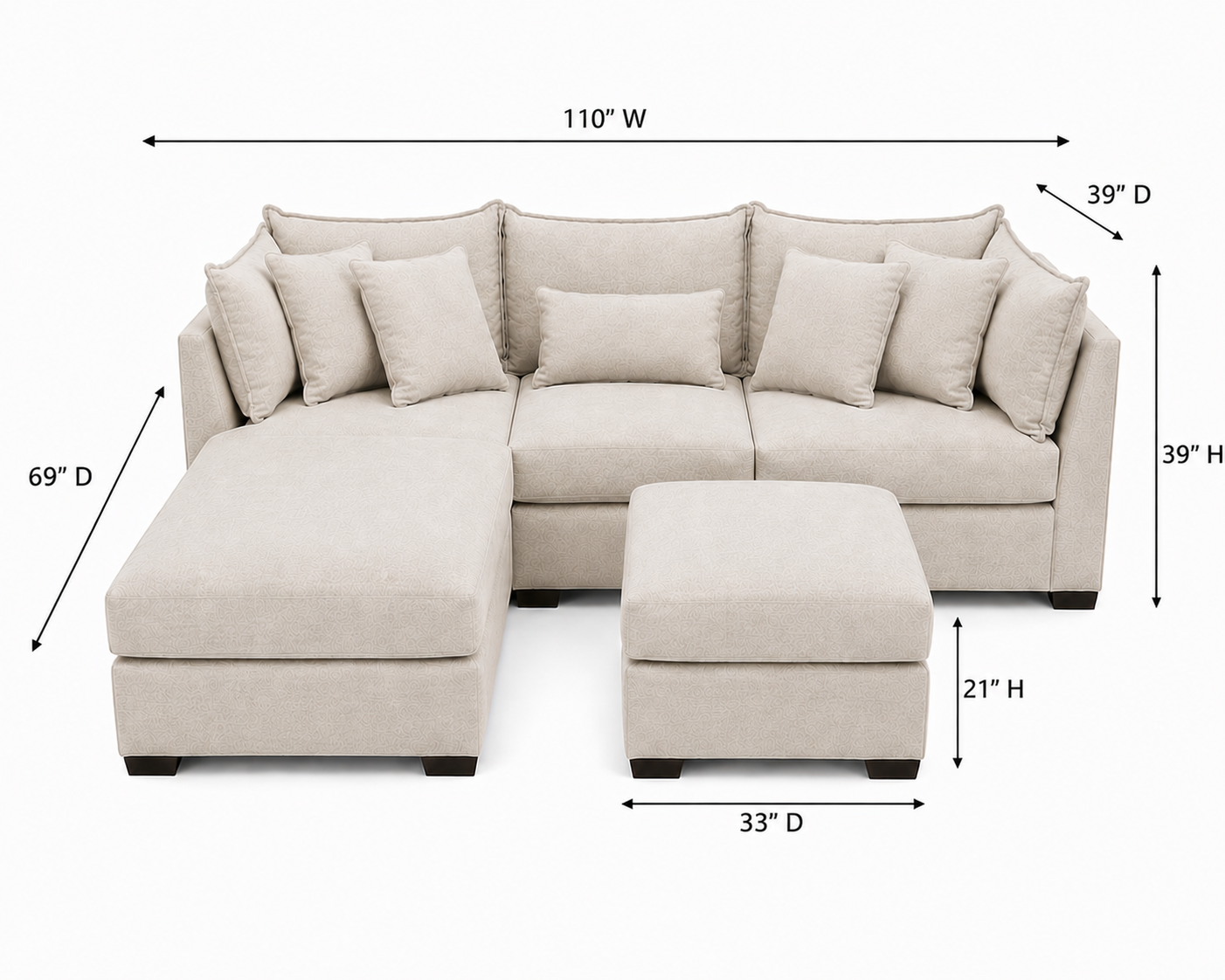 Alina 3 Pc Left Chaise Sectional with Storage Ottoman