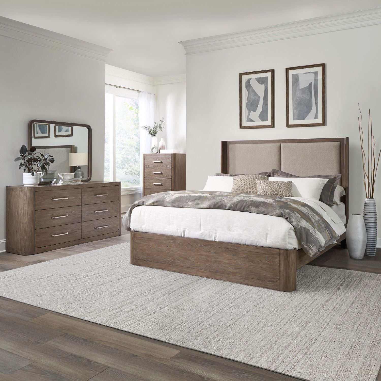 King Shelter Bed, Dresser & Mirror, Chest