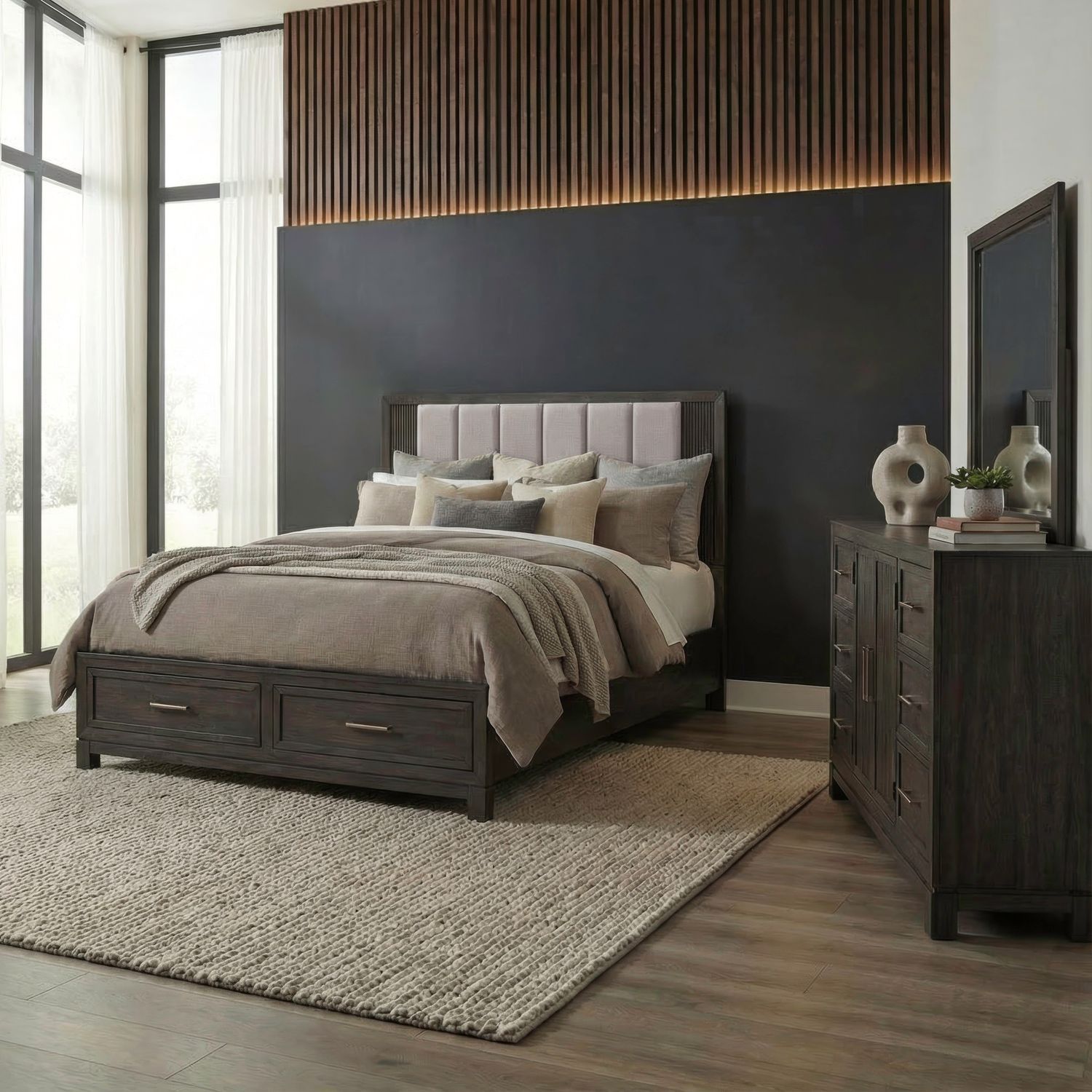 King Storage Bed, Dresser & Mirror