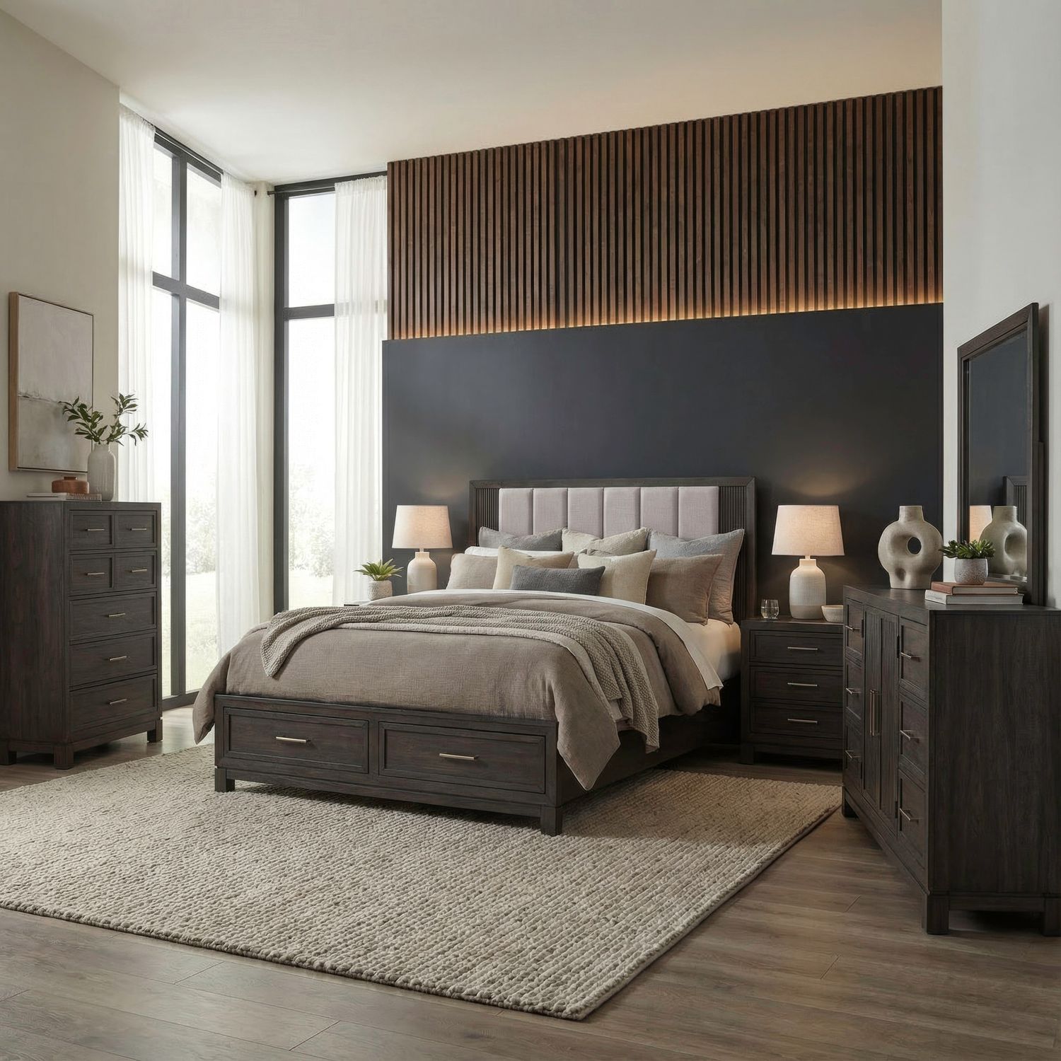 King Storage Bed, Dresser & Mirror, Chest, Night Stand